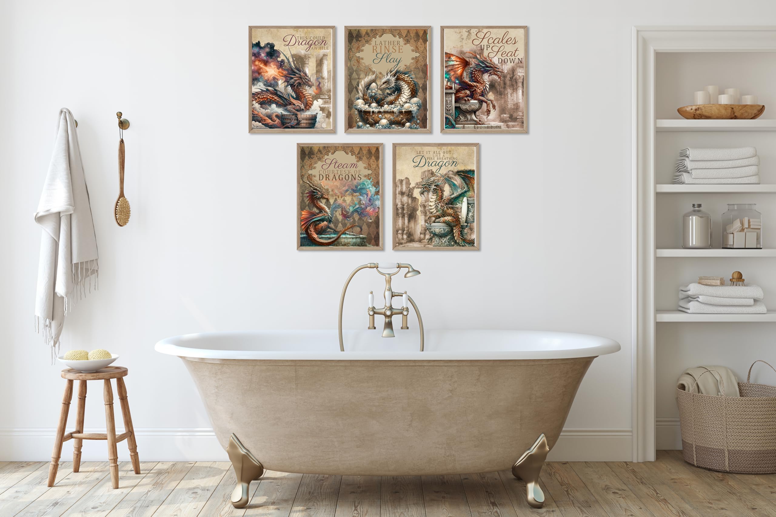Dragon Bathroom Wall Art Prints - Fantasy Kids Decor, 8x10