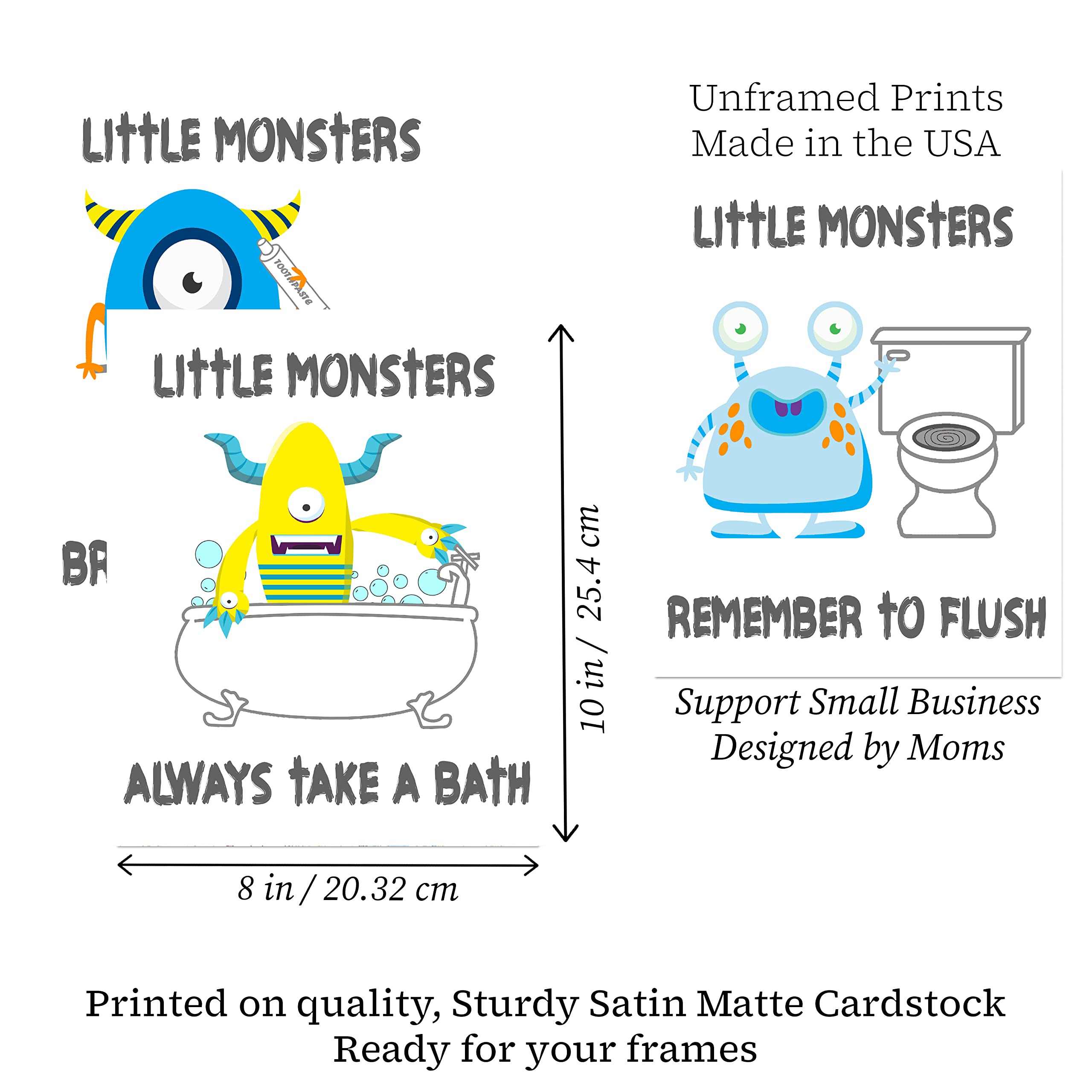 Fun Monster Kids Bathroom Wall Art Prints - Set of 4