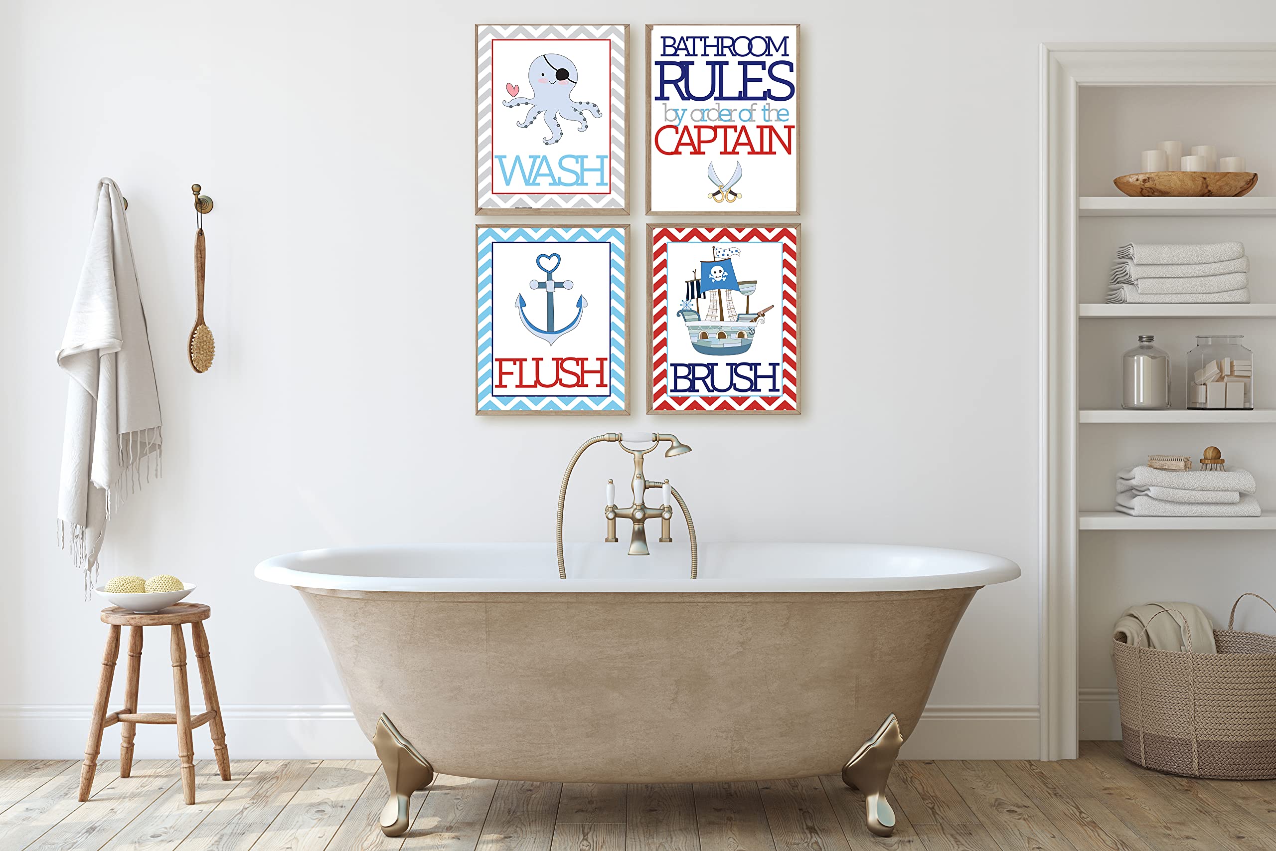 Fun Pirate Bathroom Wall Art Prints for Kids - Set of 4
