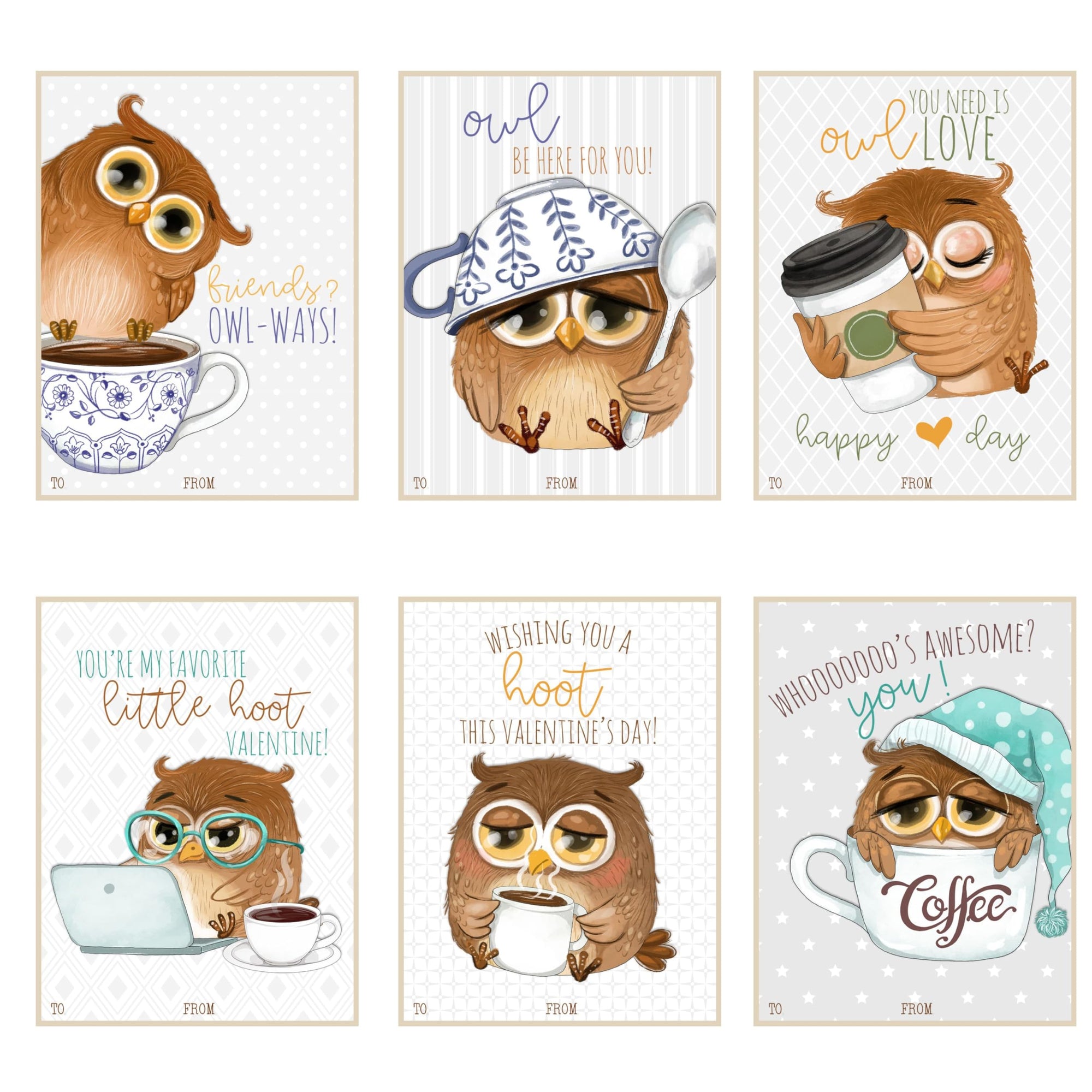 Owl and Coffee Themed Valentine Day Classroom Sharing Cards (Set of 24) Valentine's Party Exchange