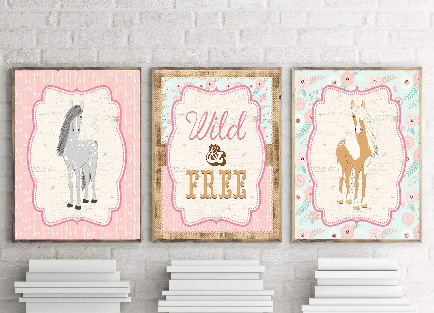 Wild & Free Horse Wall Art Prints - Pink Boho Pony Set of 3