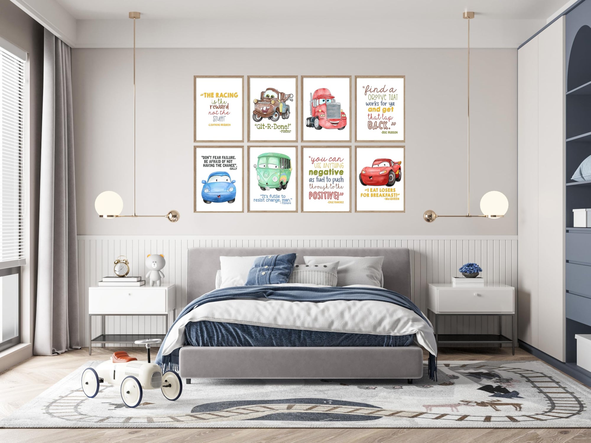 Fun race car racing quote kids room wall art print set of eight