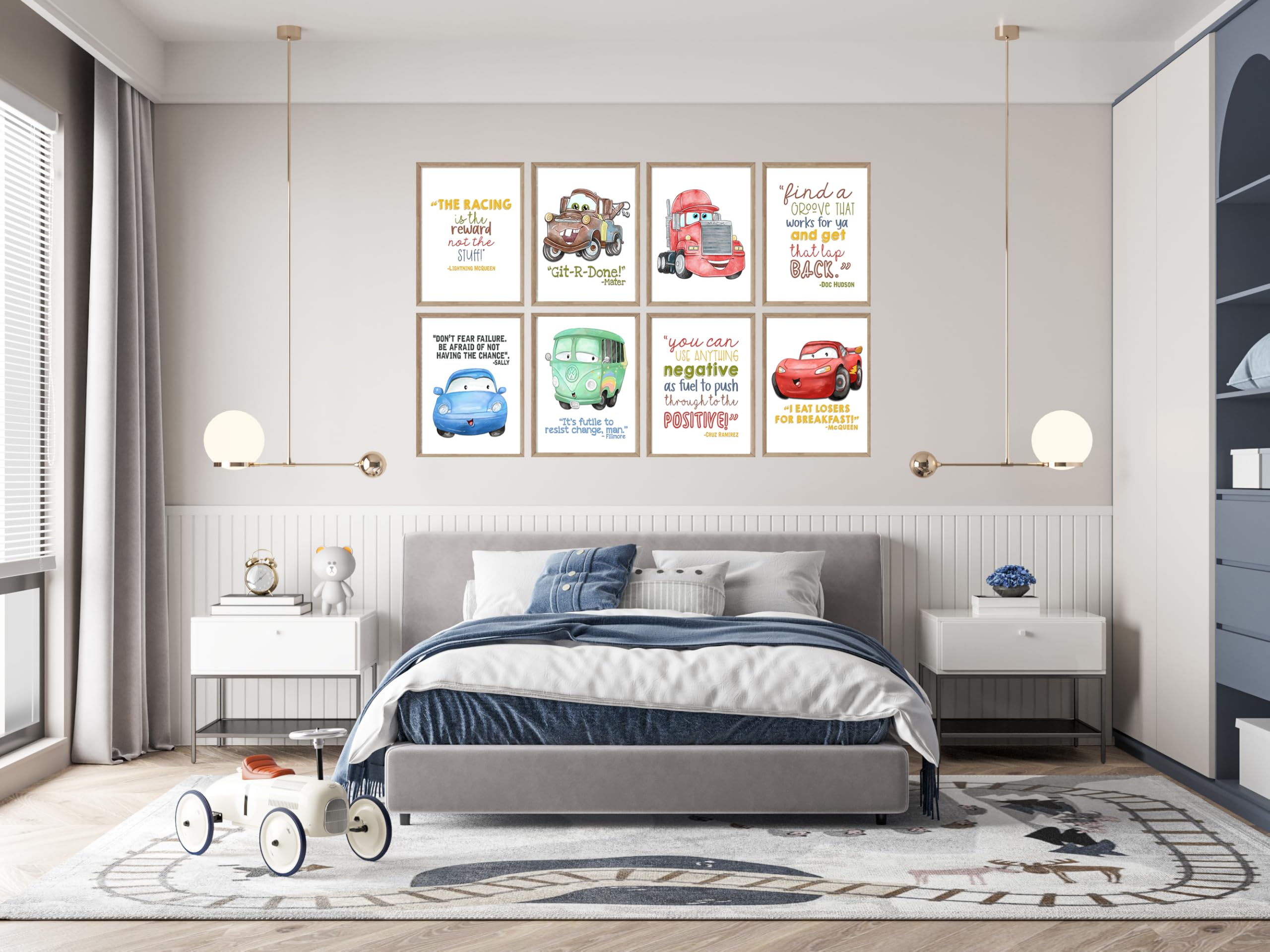 Fun Race Car Wall Art Prints - Racing Quote Kids Room Set of 8