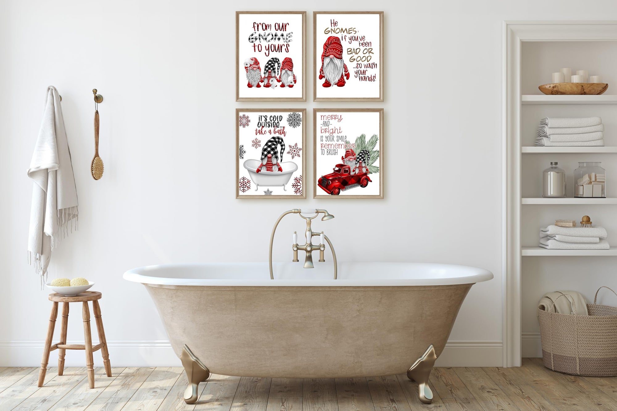 Christmas gnome buffalo plaid bathroom wall art print set