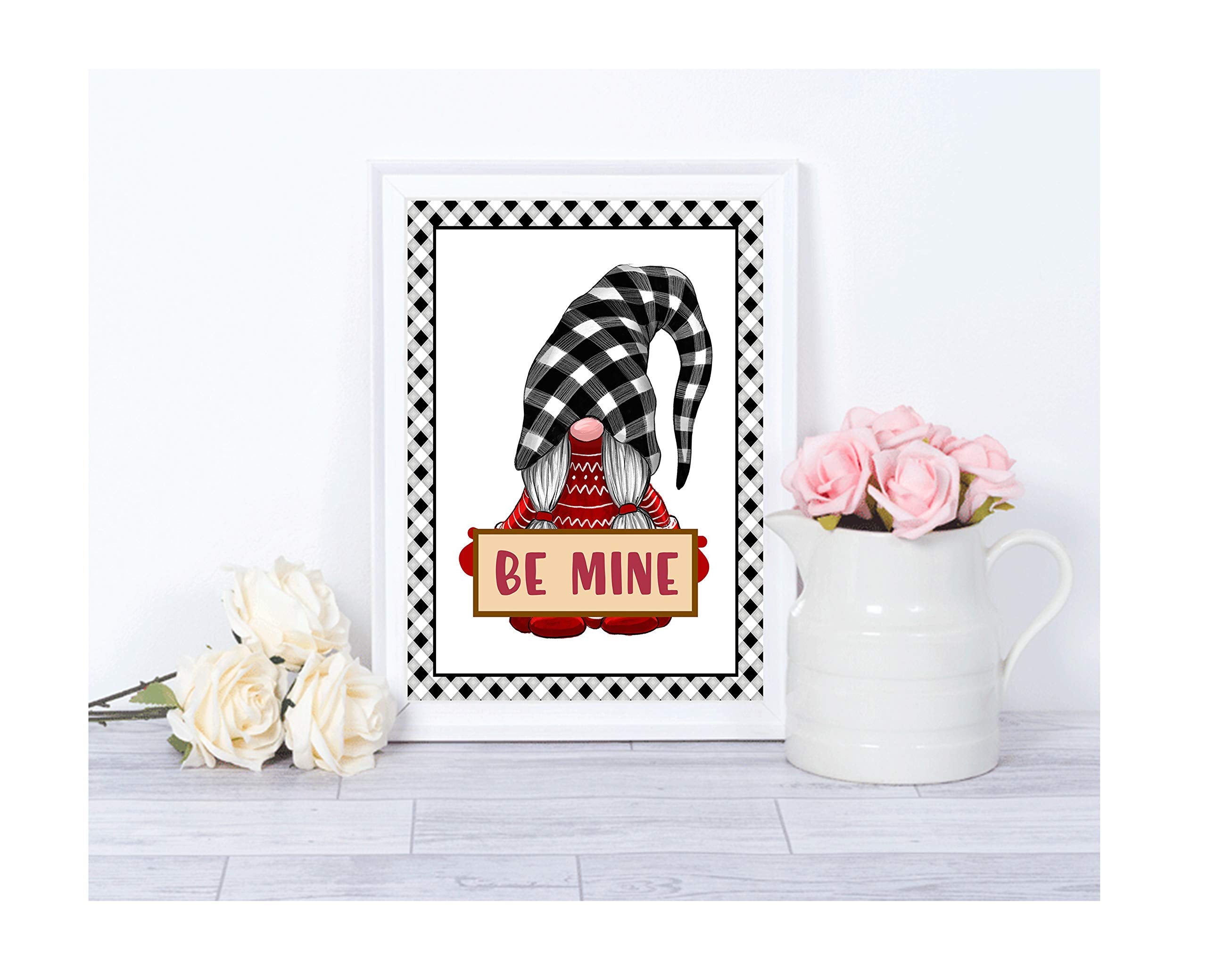 Set of four Valentine gnome prints displayed together as a gallery wall