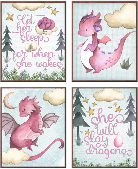 Silly Goose Gifts Let Her Sleep - Pink Dragon Themed Wall Art Prints (Set of 4) Hanging Picture Nursery Kids Room Decor 8x10in