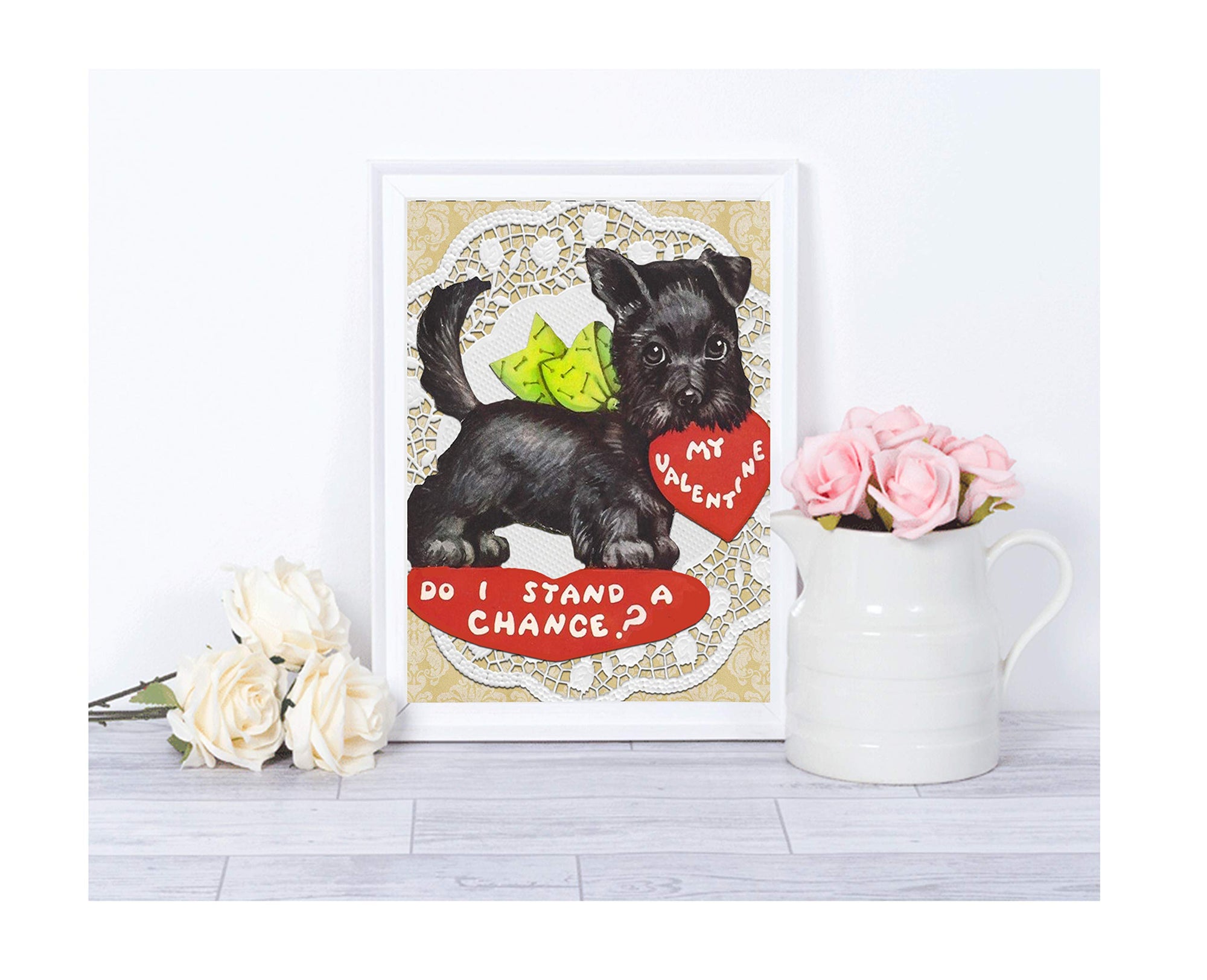 Vintage cat Valentine art print framed on a wall as pet lover home decor