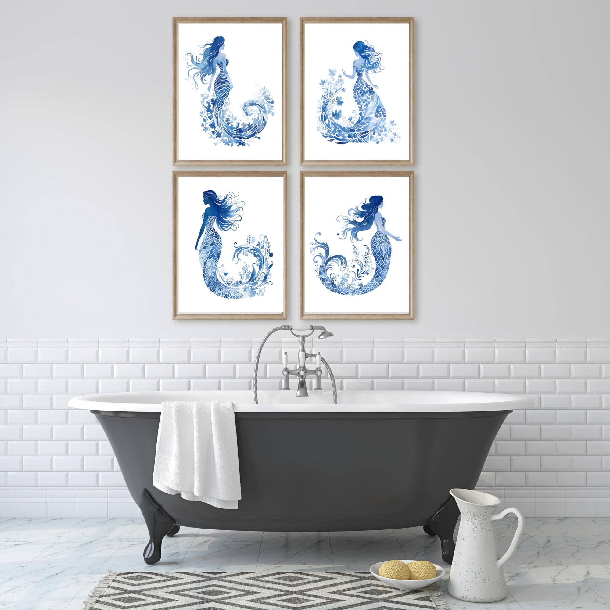 Coastal sea life blue and white nautical wall art print set of four