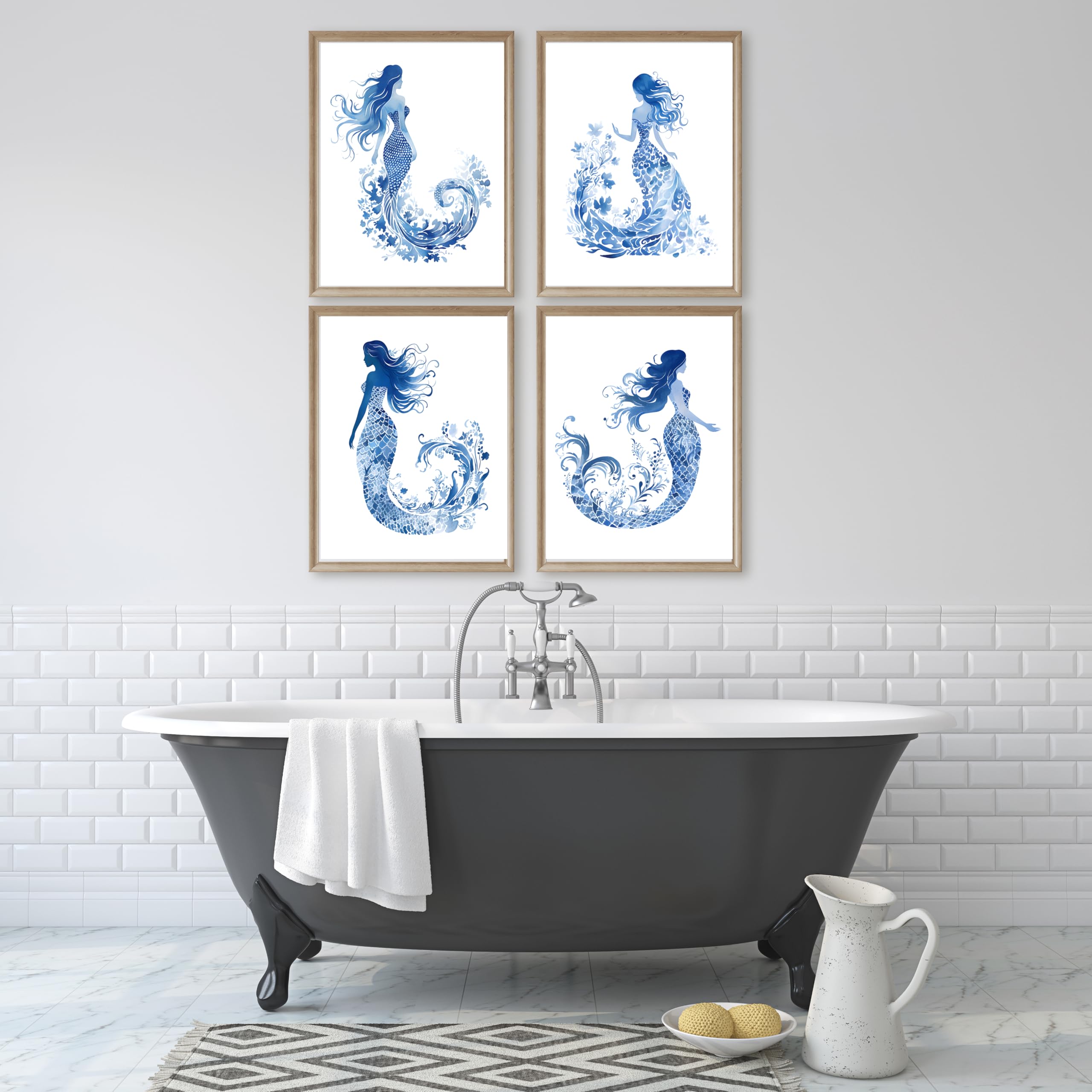 Coastal Sea Life Wall Art Prints - Blue & White Nautical Set of 4