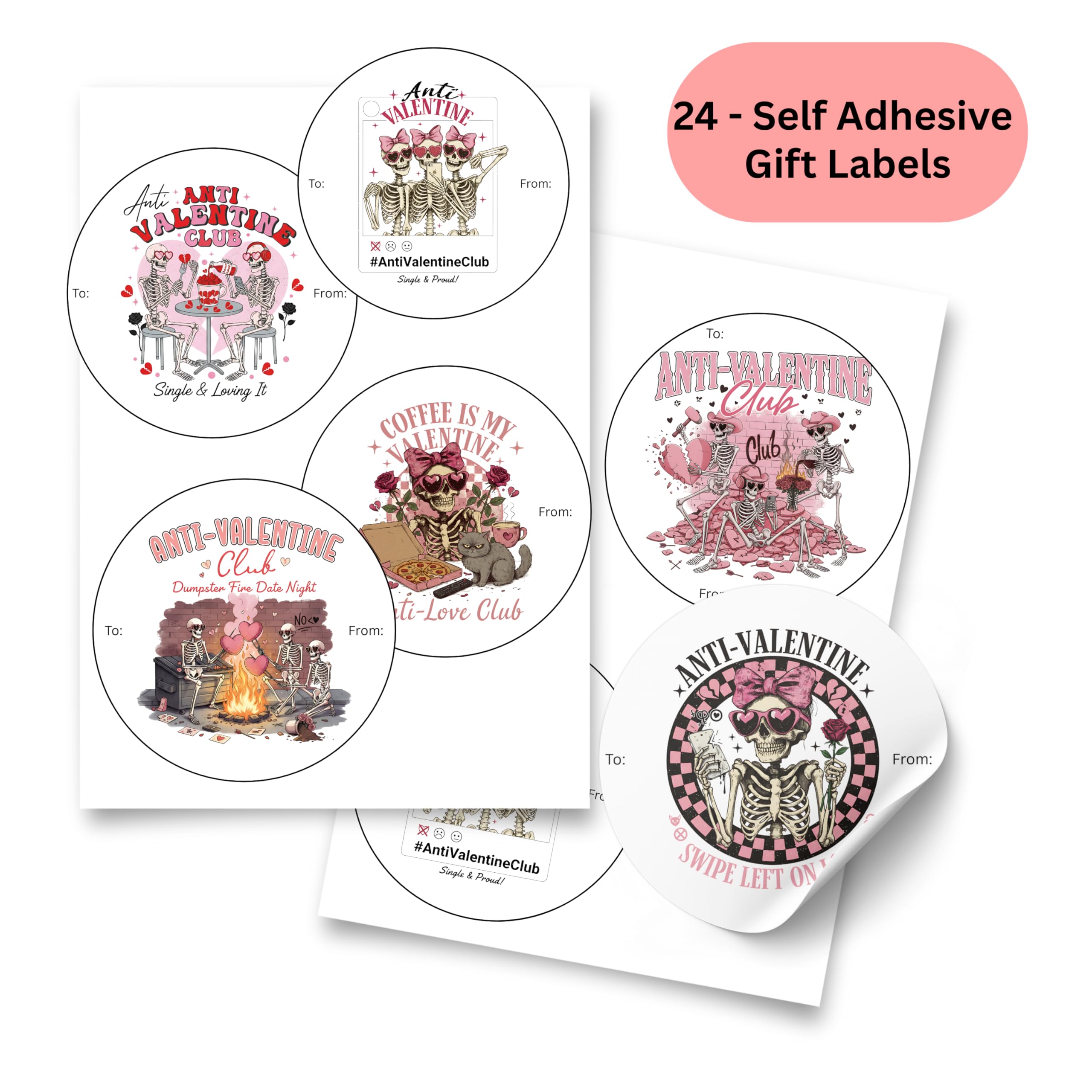 Funny Anti-Love Skeleton Valentine Gift Tag Stickers - Set of 24 Labels