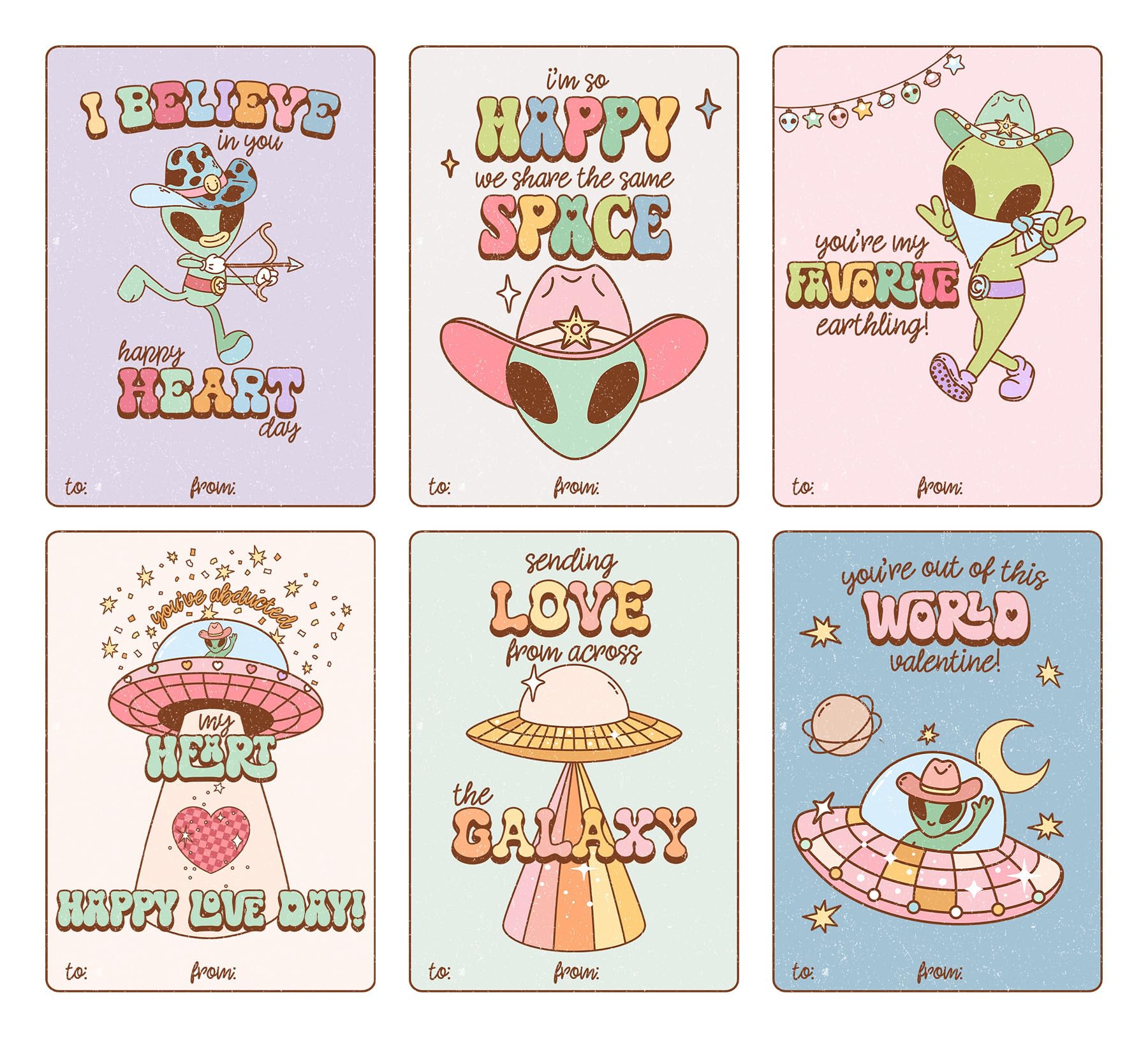 Retro Groovy Alien Valentine's Day Classroom Sharing Card Set of 24, Assorted Valentine Designs - You're My Favorite Earthling