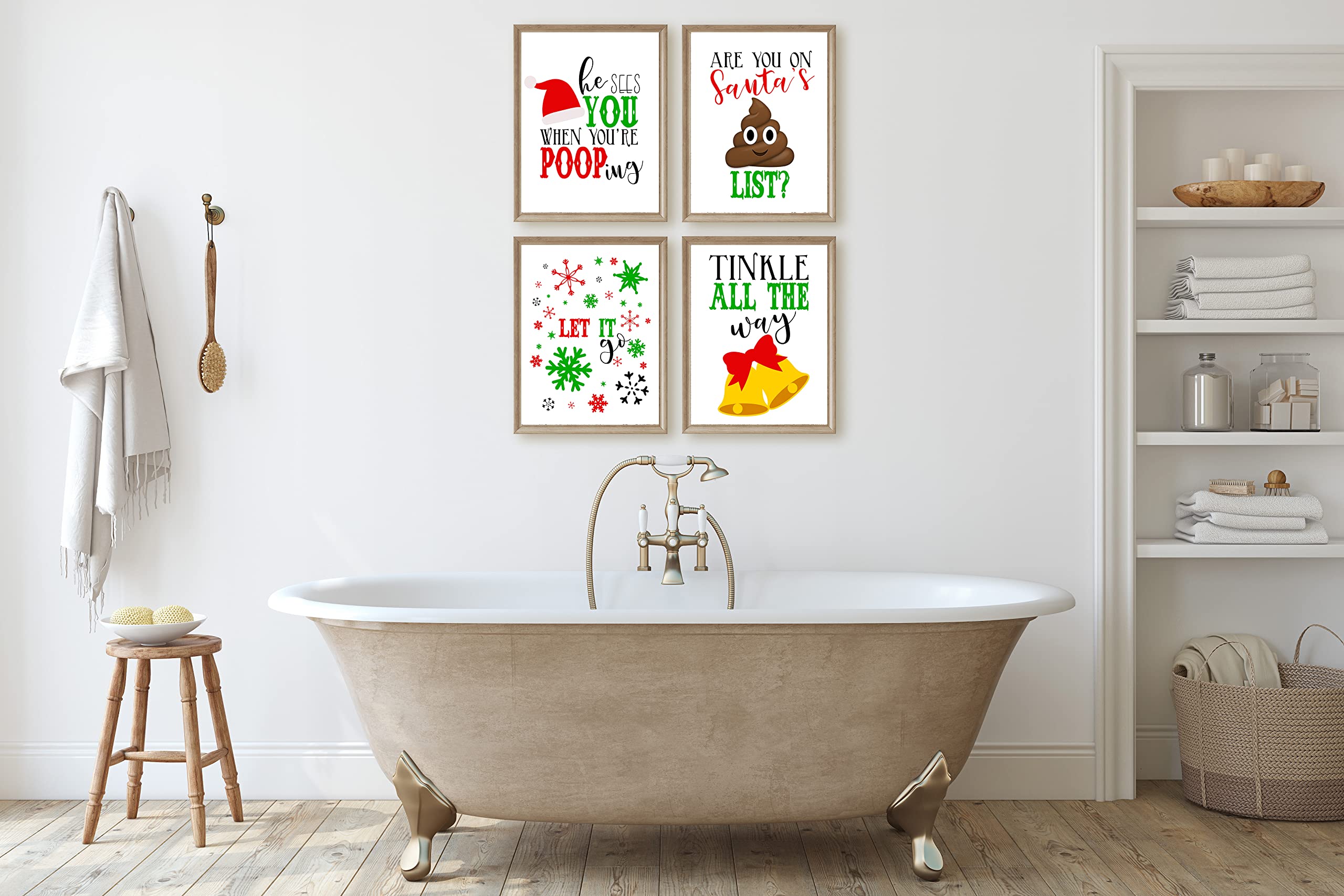 Funny Christmas Bathroom Wall Art Prints - Holiday Humor 8x10
