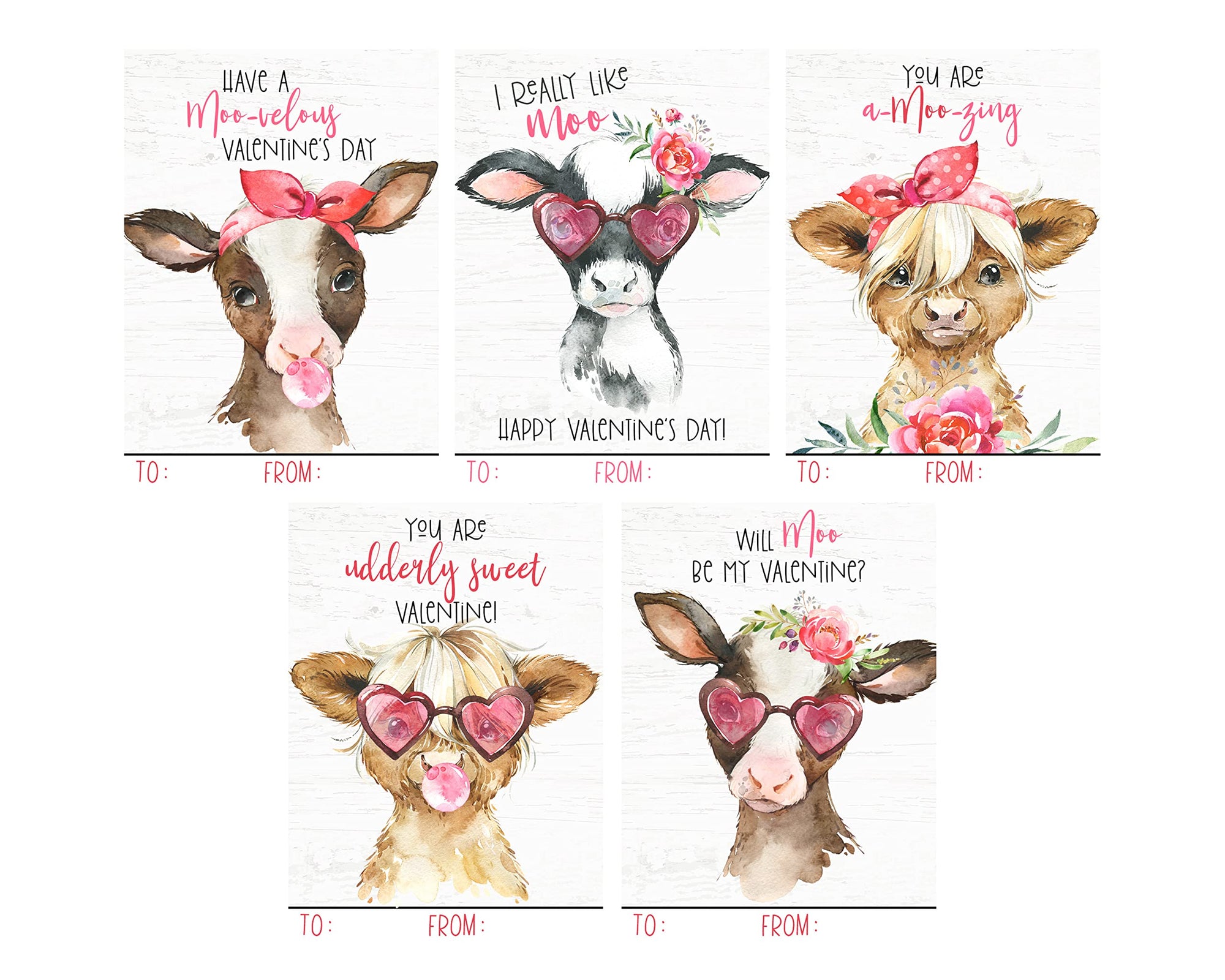 Darling Watercolor Cow Calf Farm Themed Valentines Day Card for Kids School Classroom Exchange (Set of 25) Farmhouse Country Highland