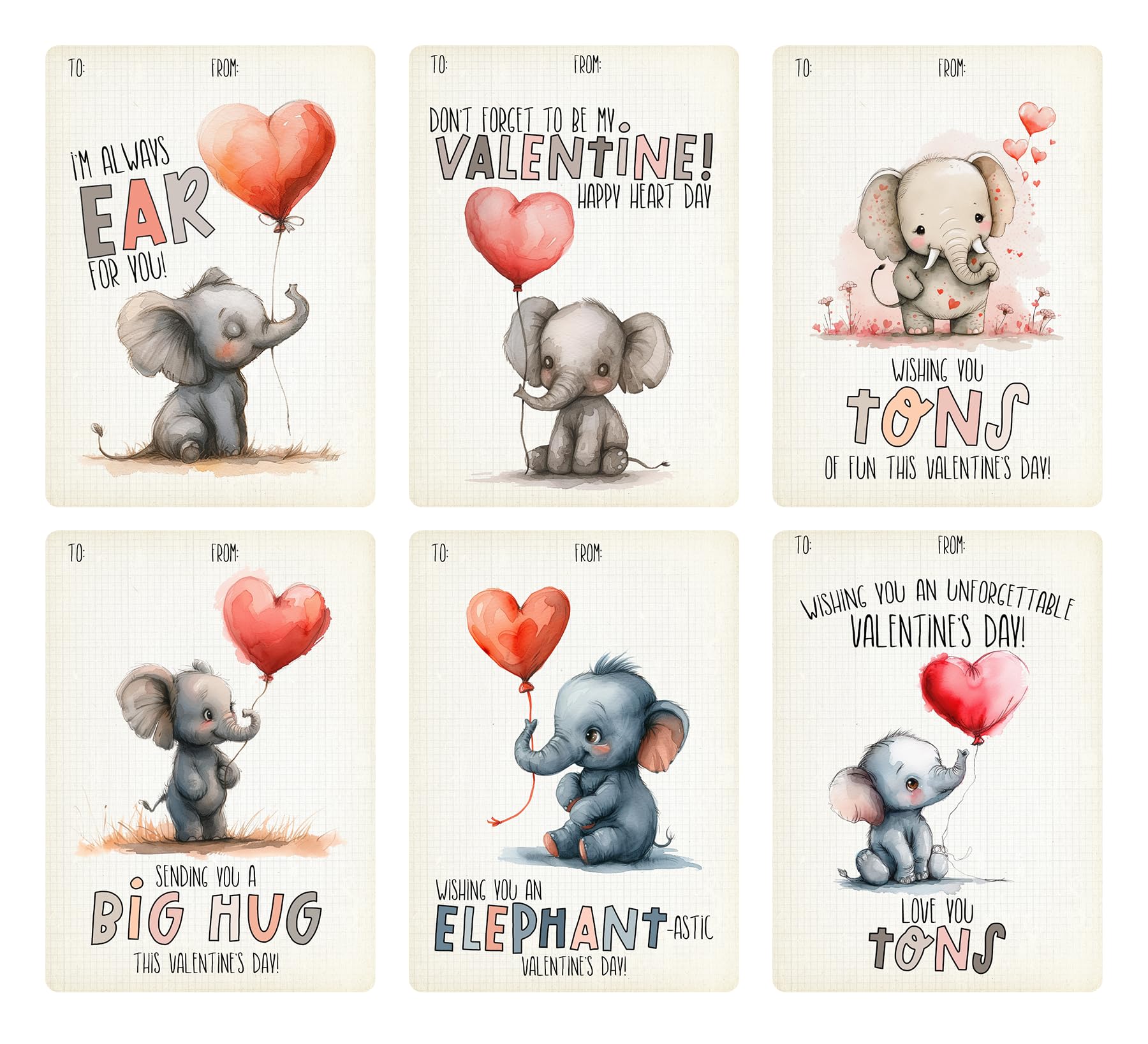 Watercolor Elephant Themed Valentine's Day Classroom Sharing Card Set of 24, Assorted Valentine Designs - Sending you a BIG Hug, Love you TONS