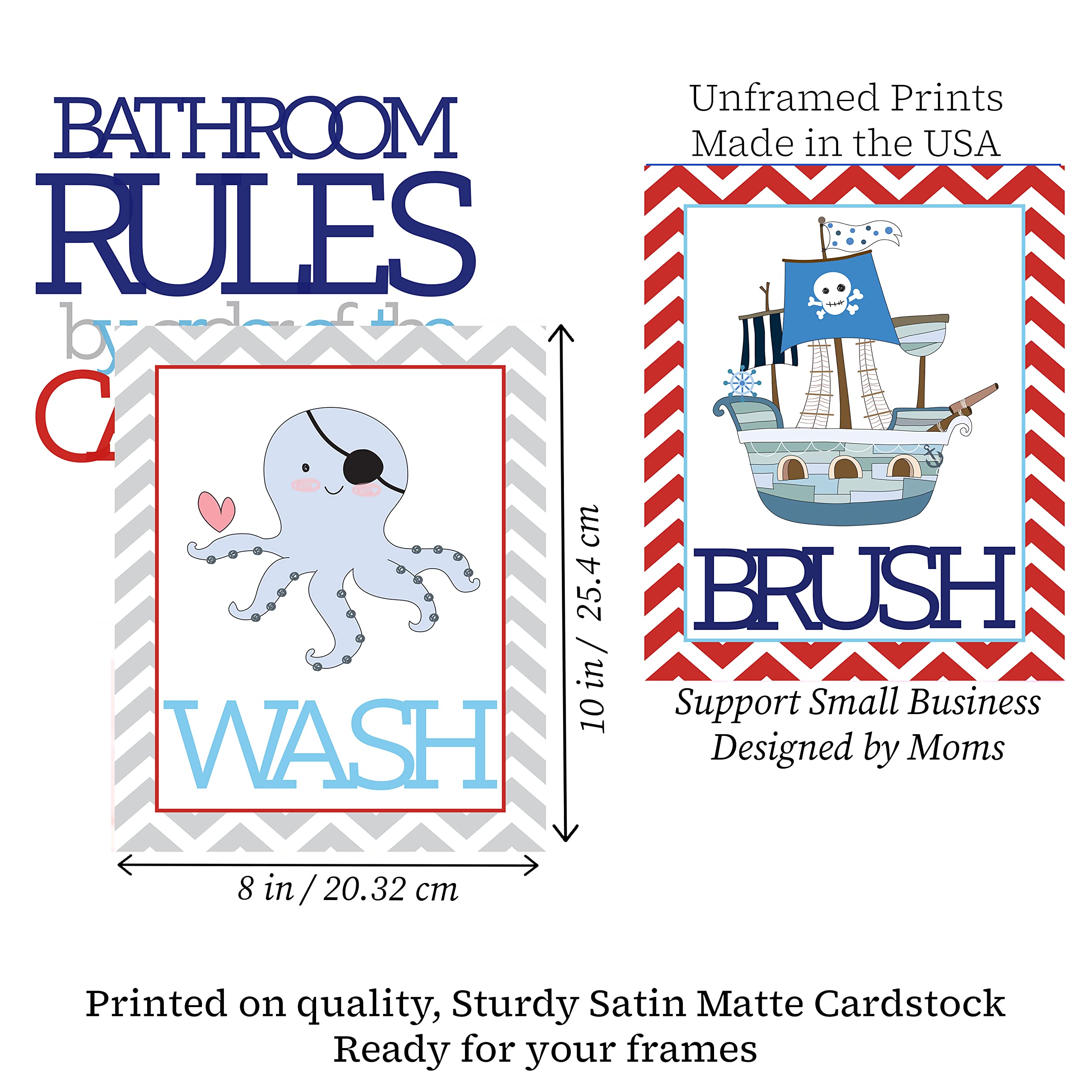 Fun Pirate Bathroom Wall Art Prints for Kids - Set of 4