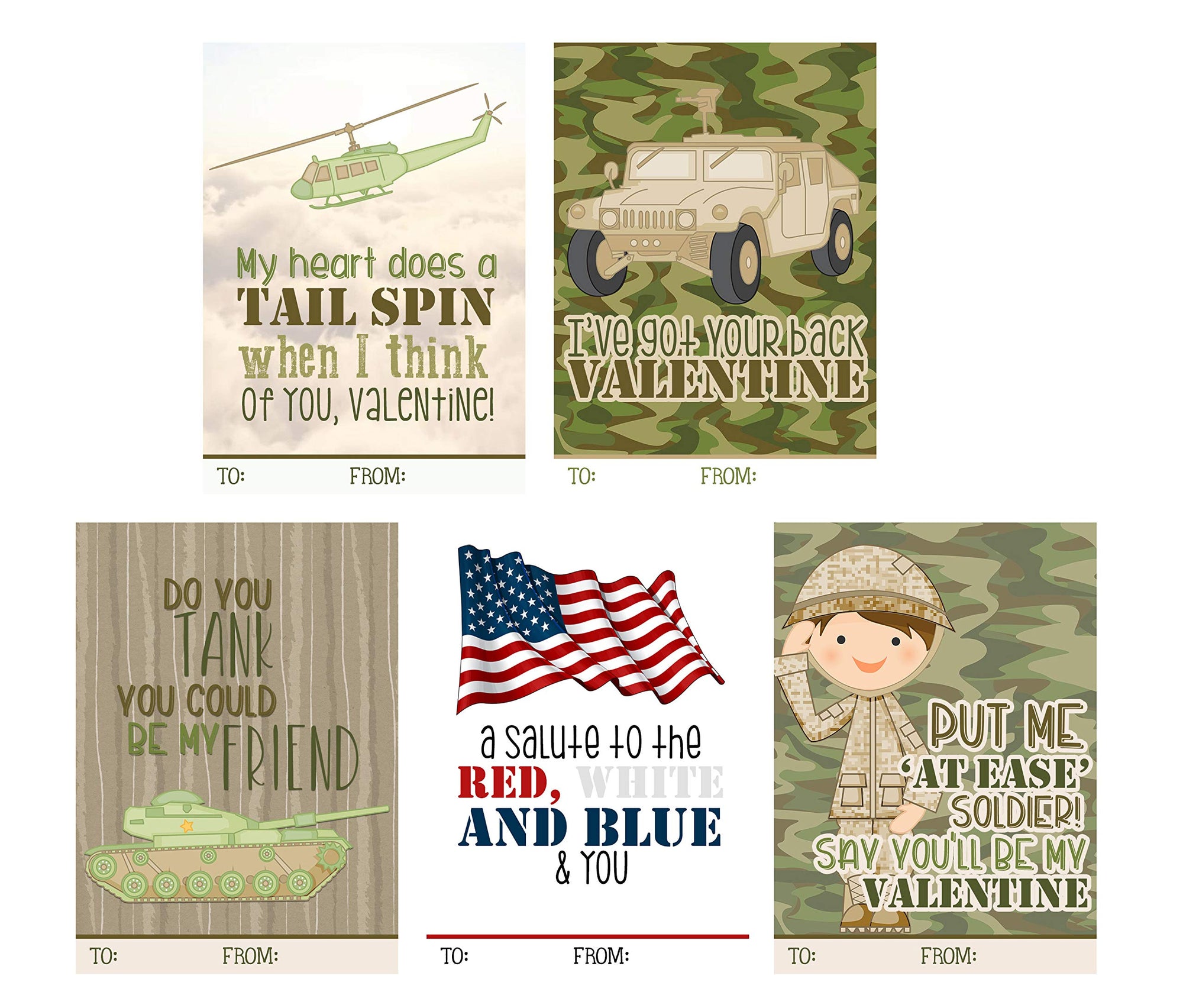 Army Military USA Themed Valentine's Day Card Set (Set of 25) Valentine Classroom Sharing Exchange Gift Giving Kids Camo Flag Tank
