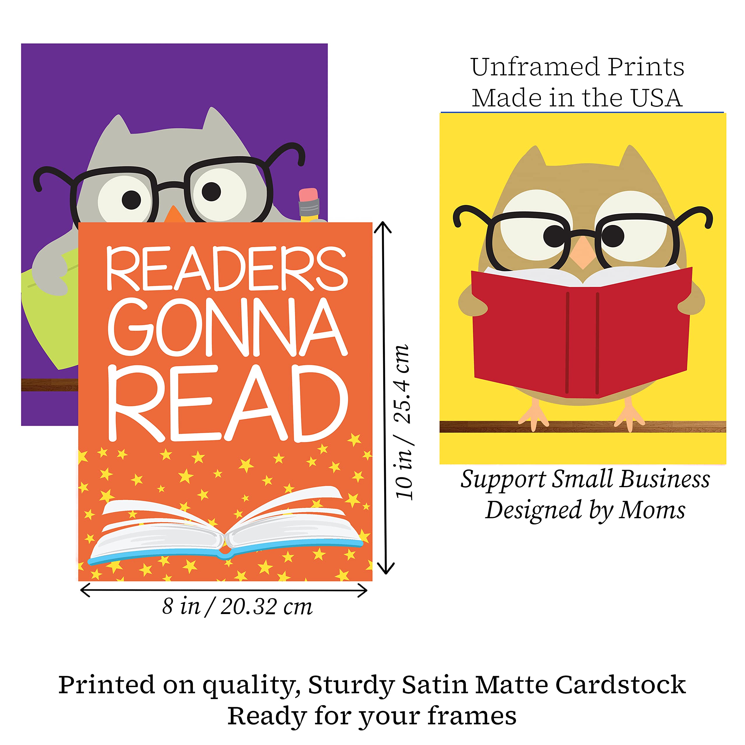 Books Are My Happy Place - Reading Owl Wall Art Prints, Set of 8