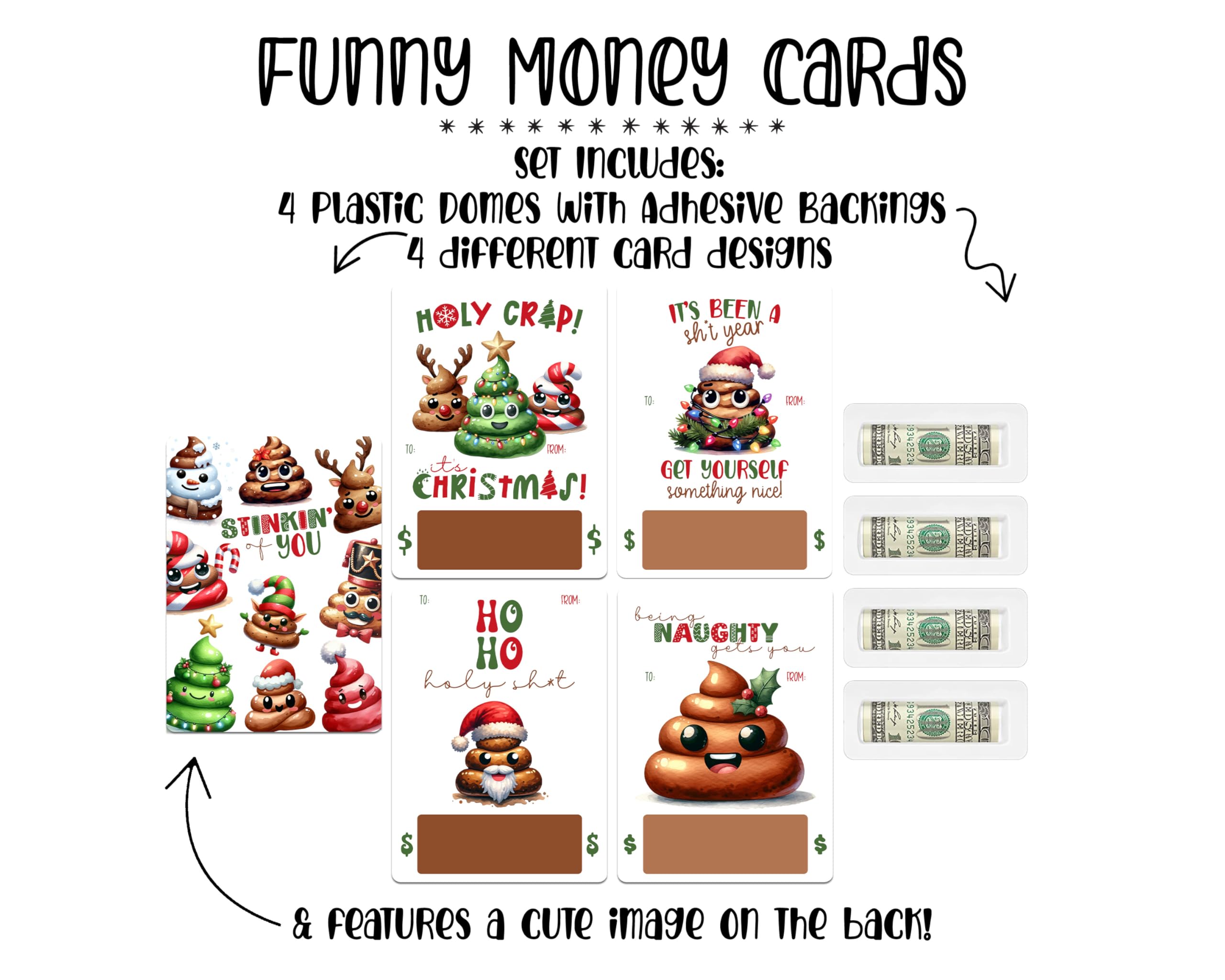 Set of 6 funny poop emoji Christmas cash holder cards laid out in assorted designs