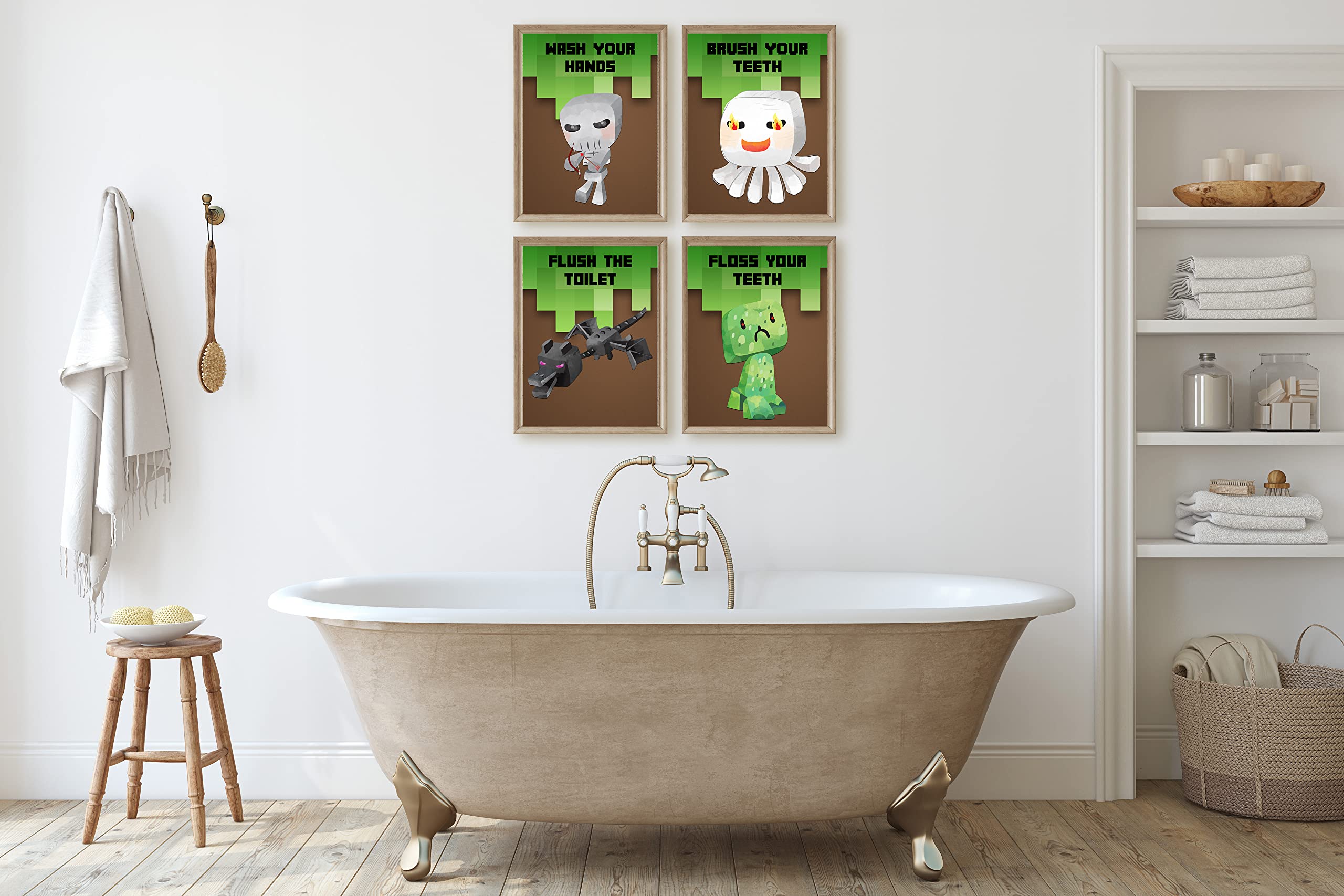 Pixel Miner Video Game Bathroom Wall Art Prints - Set of 4