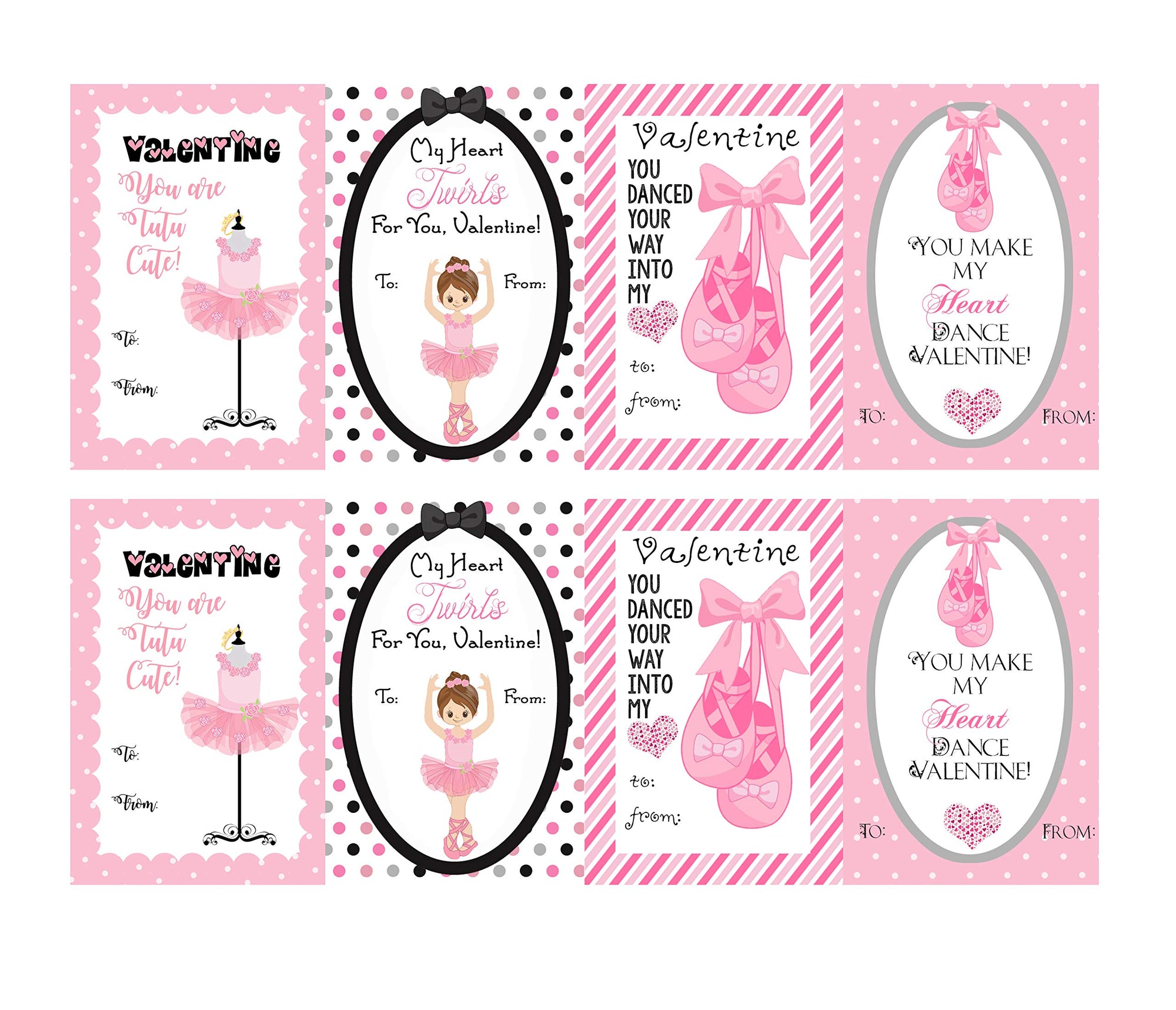 Dance Ballet Themed Valentine's Day Cards Set Pack (24 Included) Ballerina Classroom Sharing Valentine Exchange Kids