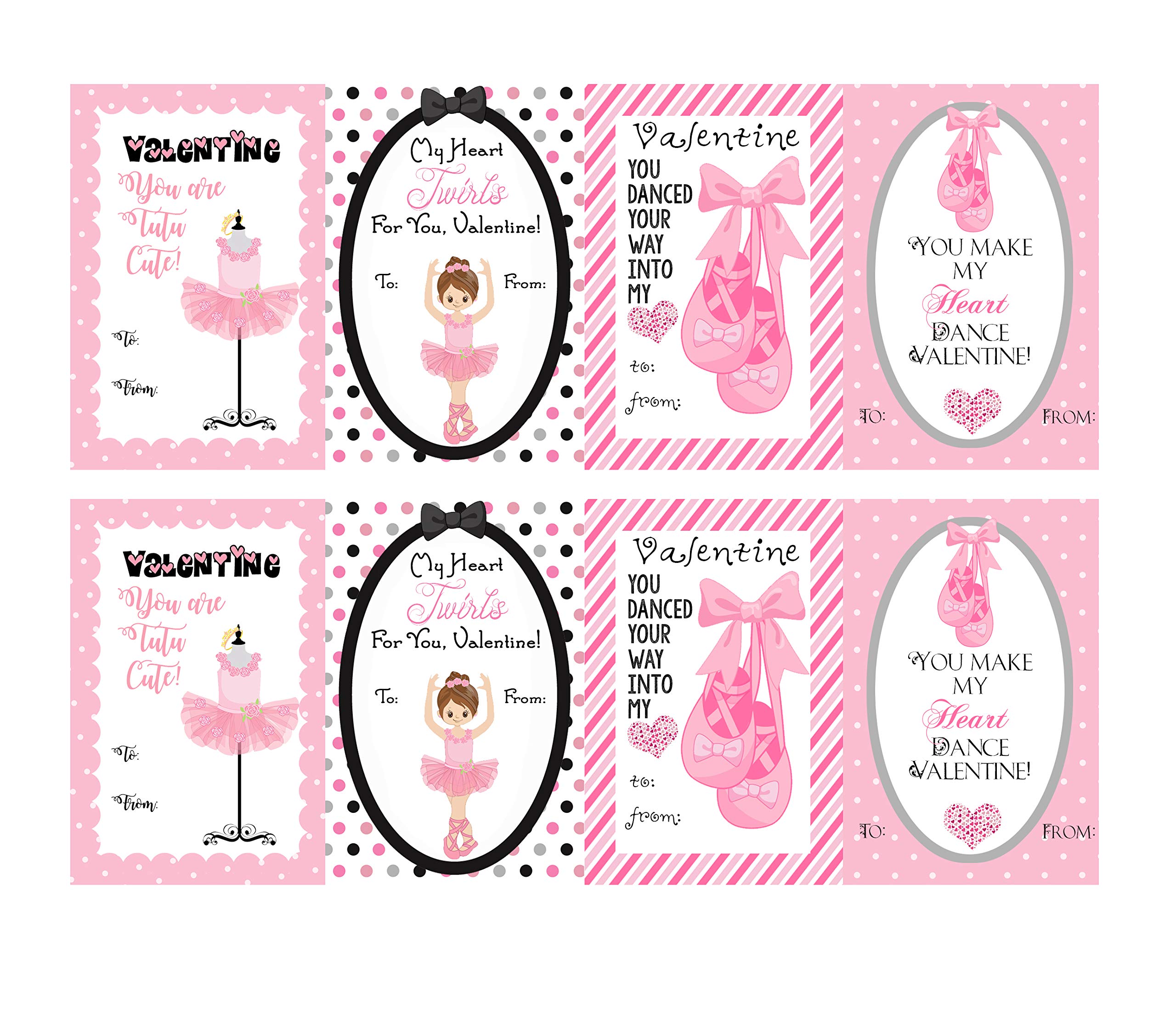 Dance Ballet Themed Valentine's Day Cards Set Pack (24 Included) Ballerina Classroom Sharing Valentine Exchange Kids