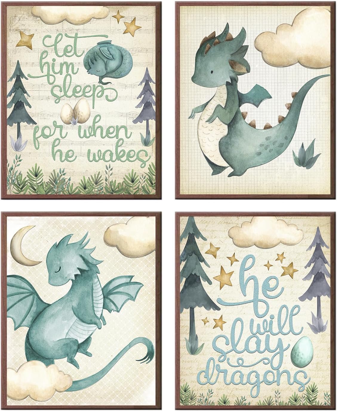 Let Him Sleep - Dragon Themed Wall Art Prints (Set of 4) Decor 8x10in