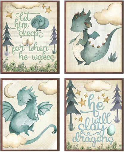 Silly Goose Gifts Let Him Sleep - Dragon Themed Wall Art Prints (Set of 4) Hanging Picture Nursery Kids Room Decor 8x10in