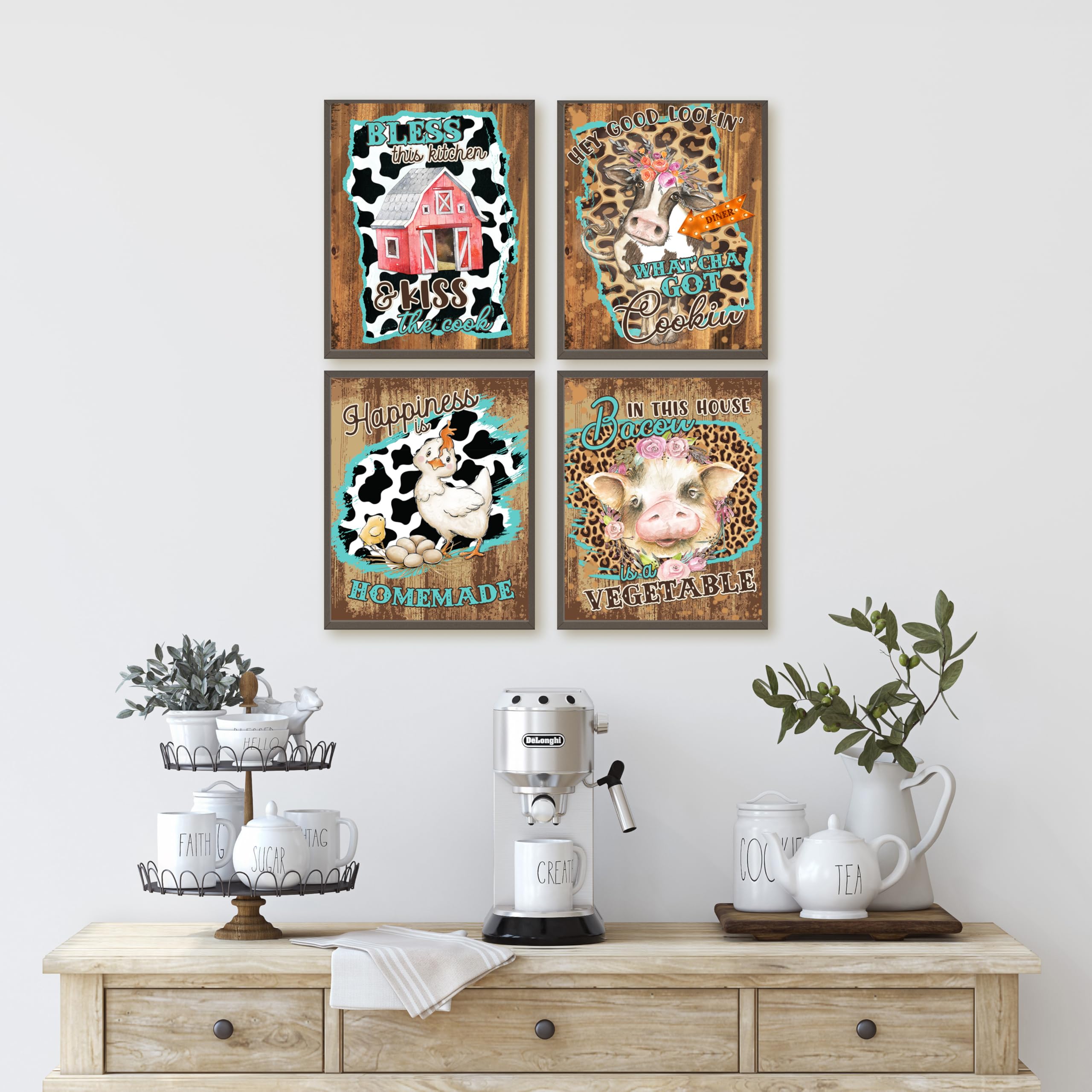 Bless This Kitchen Rustic Farm Animal Wall Art Prints - Set of 4