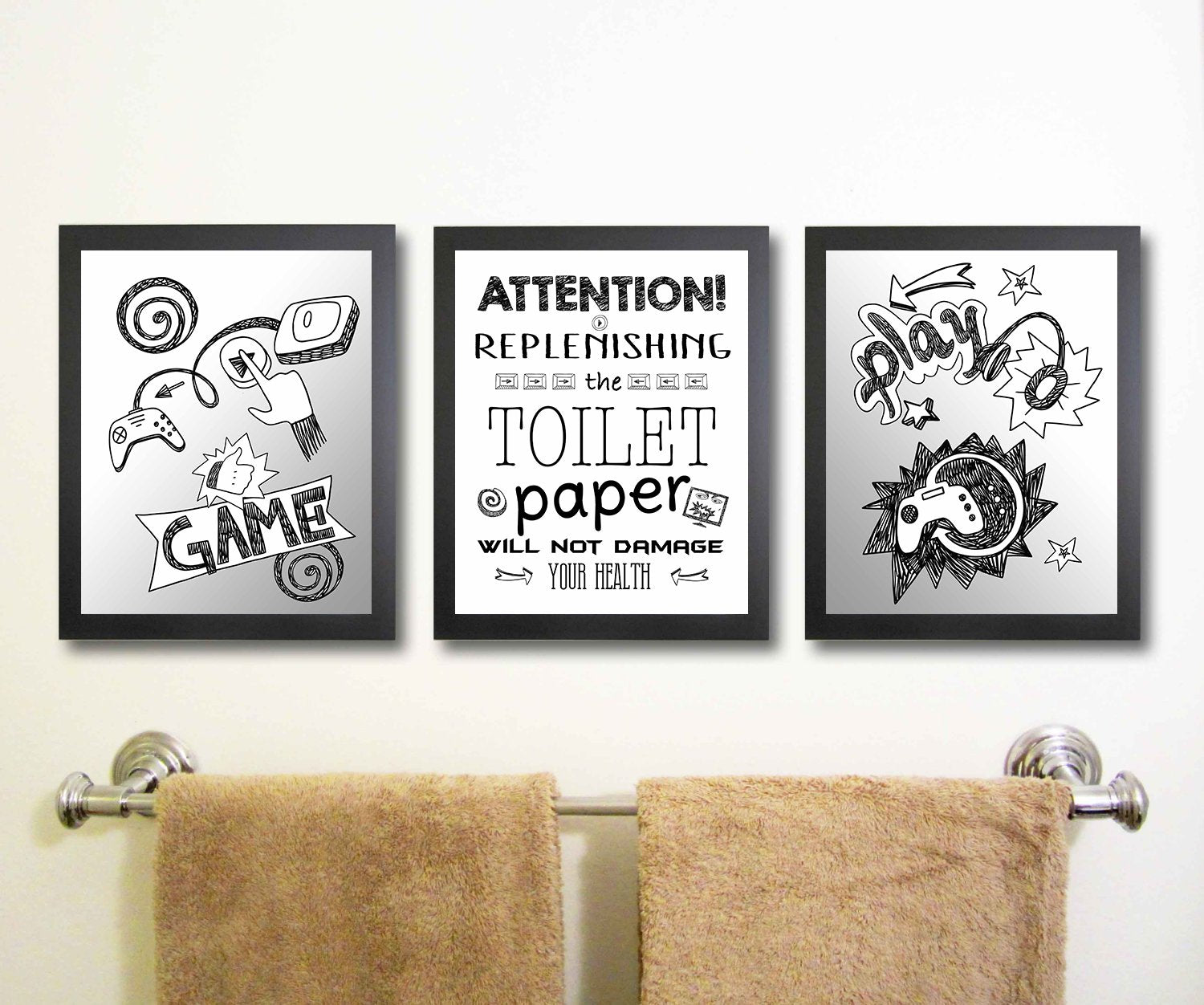 Video Game Themed Art Print Bathroom Wall Decoration (Set or Three) Gamer Gaming Bath Sign Poster Picture