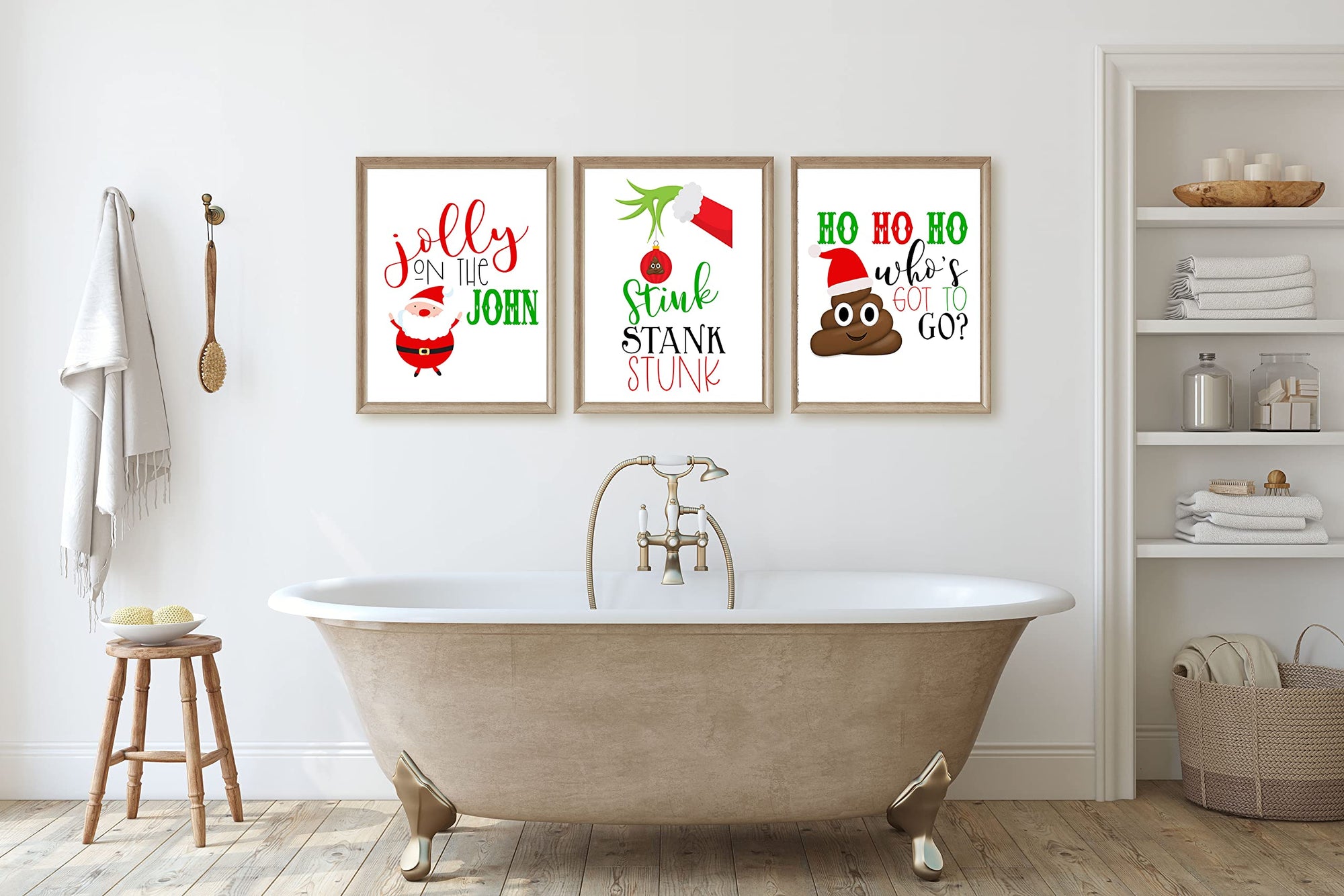 Funny Christmas bathroom wall art print holiday humor set