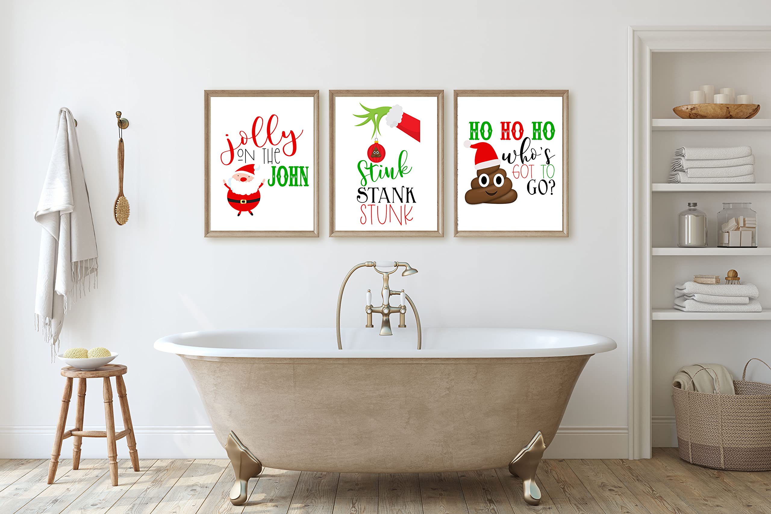 Funny Christmas Bathroom Wall Art Prints - Holiday Humor Set