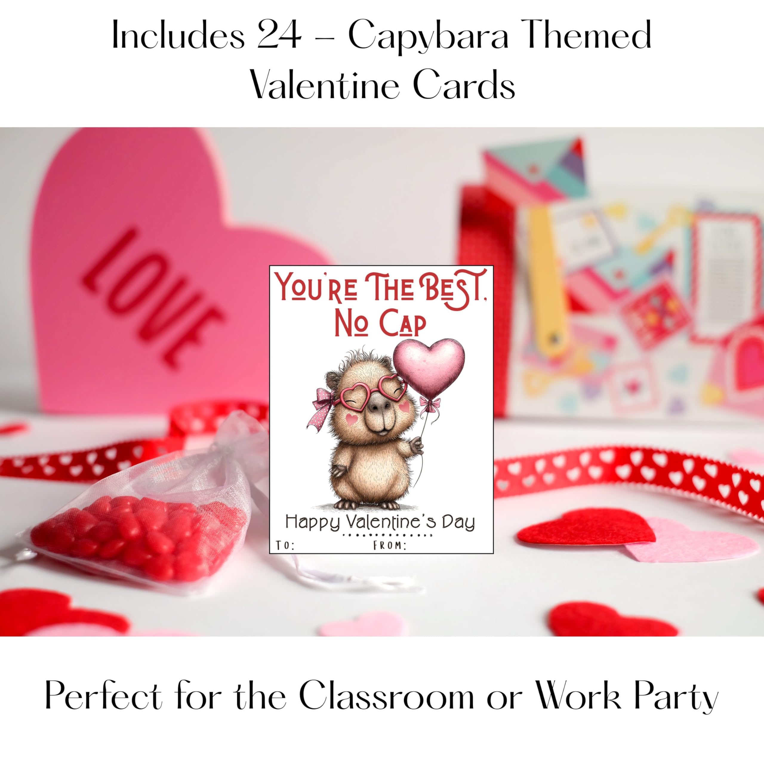 Cute Capybara Valentine Day Classroom Sharing Cards (Set of 24) Party Exchange - Wishing You a Capy Valentine's Day