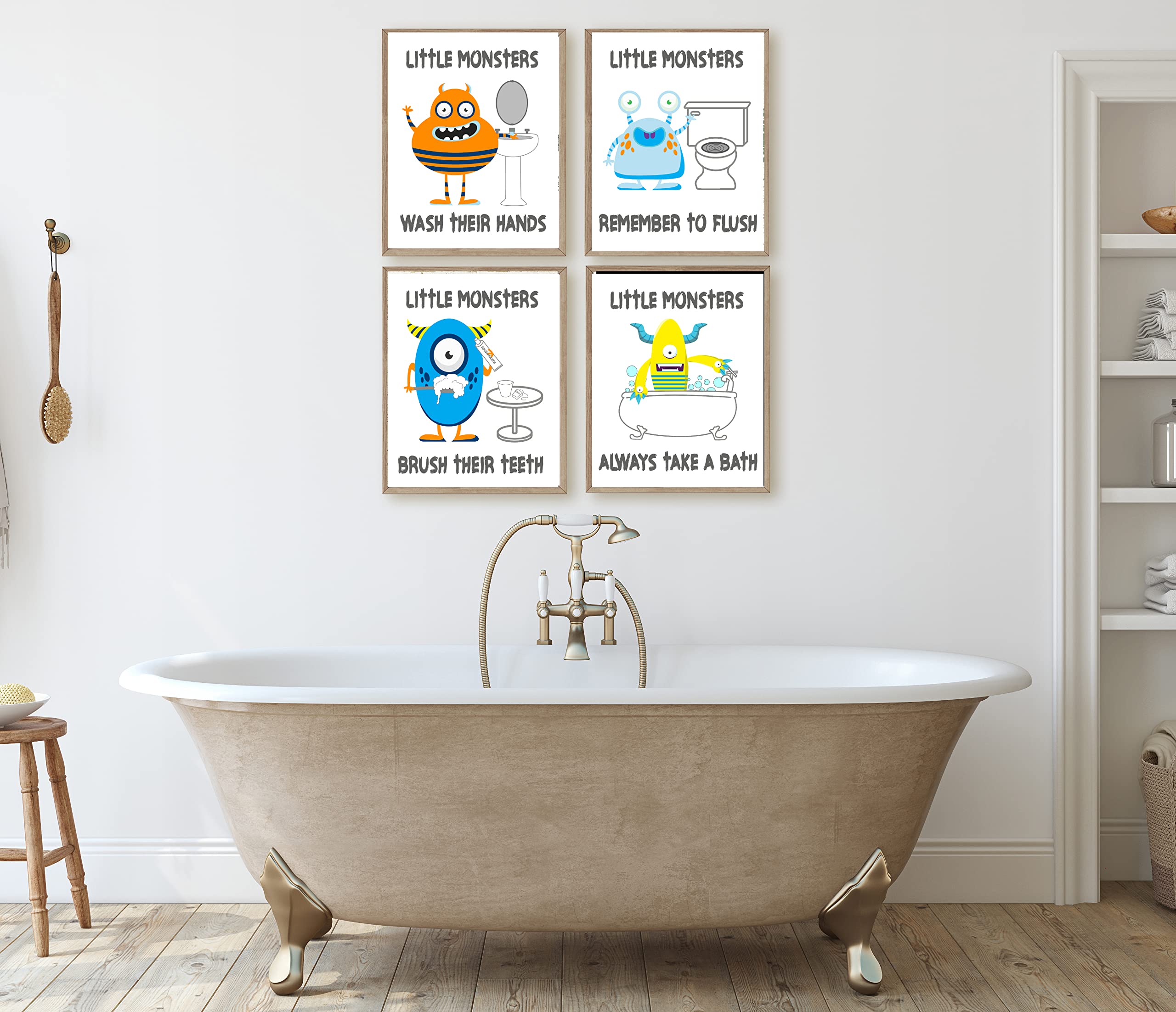 Fun Monster Kids Bathroom Wall Art Prints - Set of 4