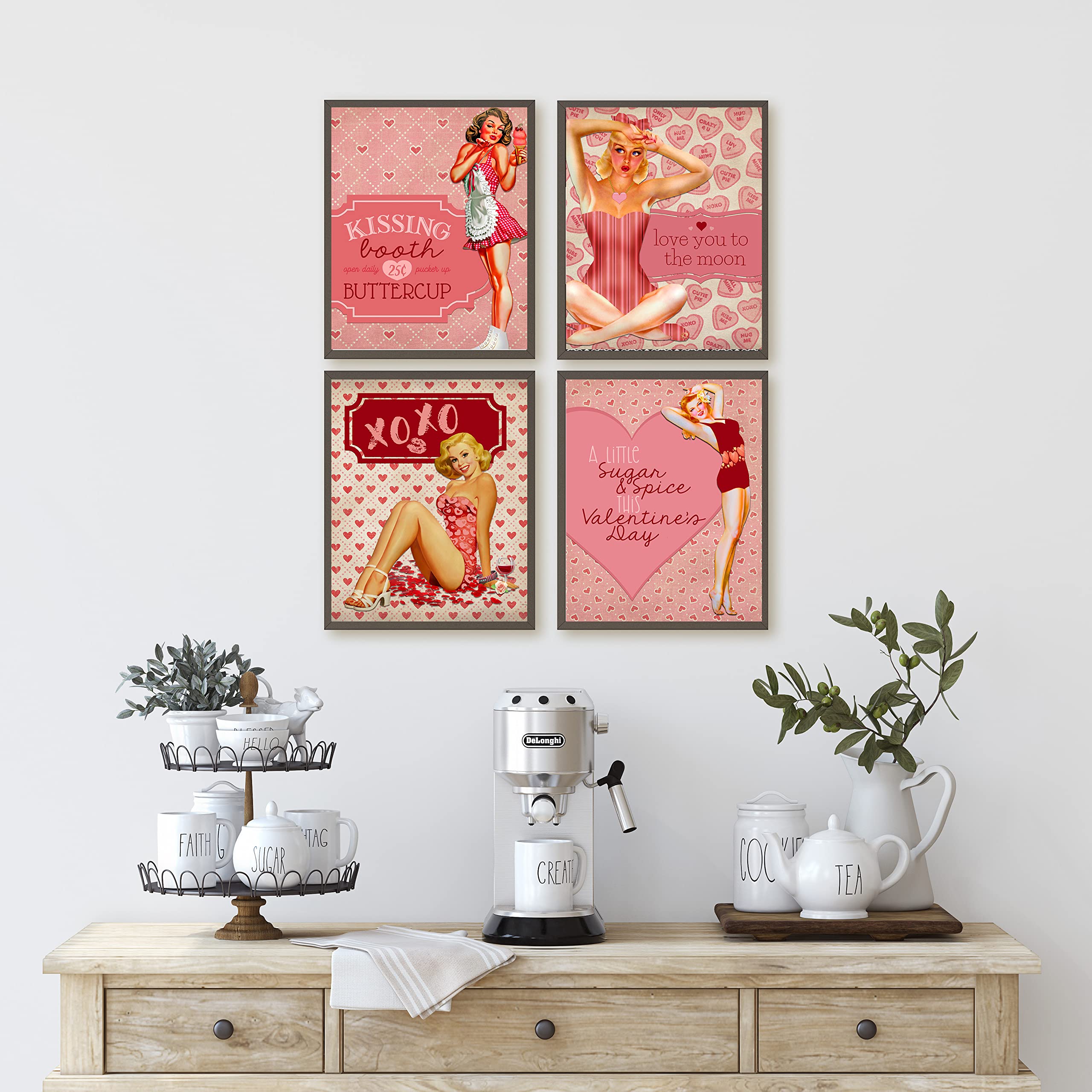 Vintage pinup Valentine print reading pucker up buttercup framed on a wall