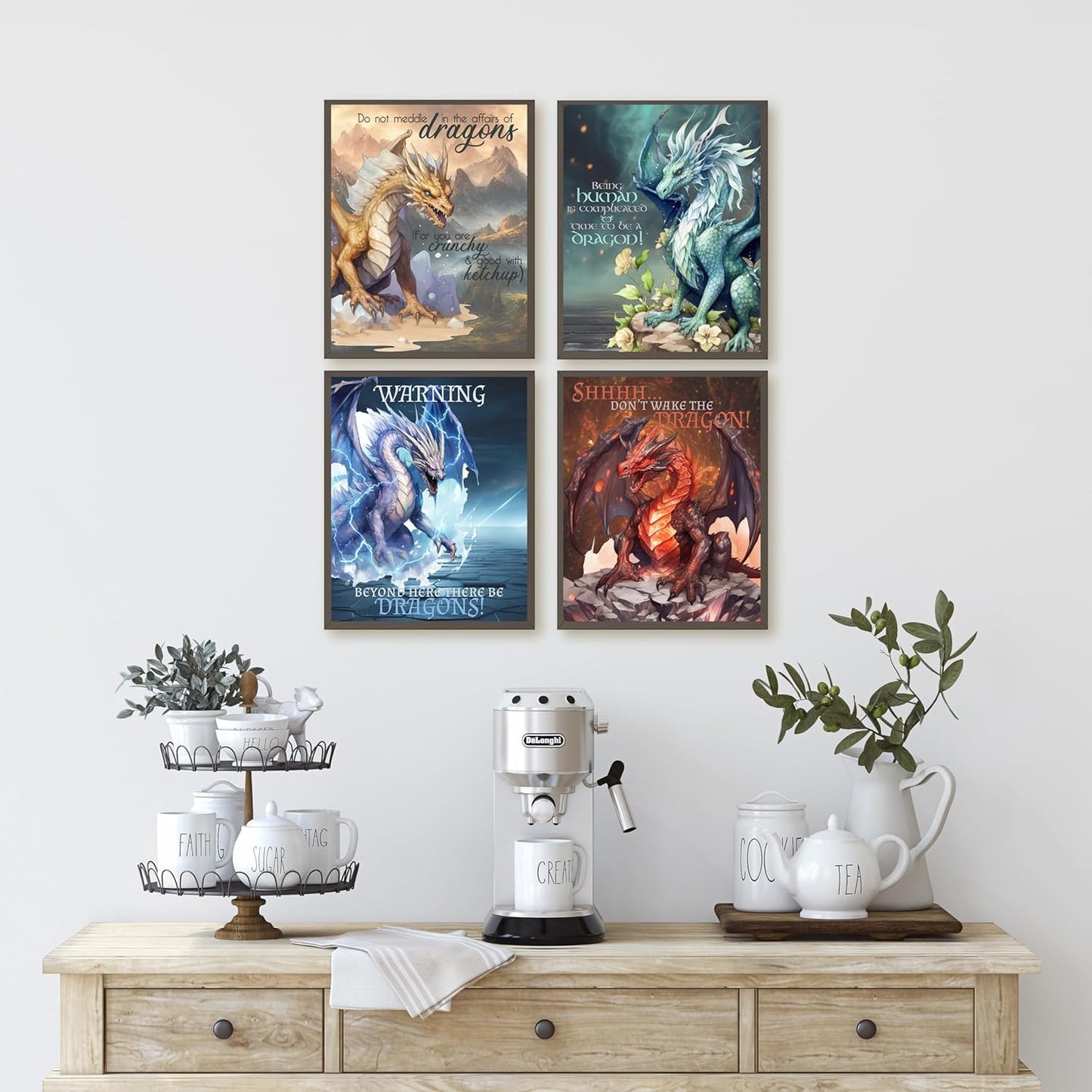 Silly Goose Gifts Funny Dragon Themed Wall Art Prints (Set of 4) Hanging Picture Poster Sign Room Decor 8x10in Fierce