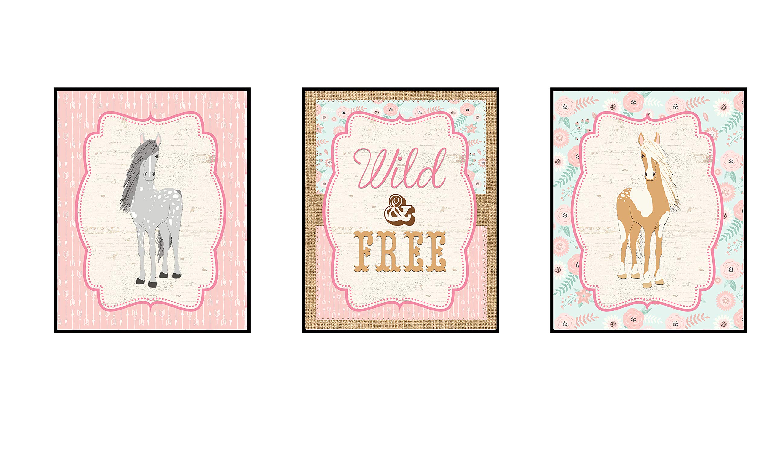 Horse Wall Art " Wild and Free " Pink Burlap Boho Flowers Pony