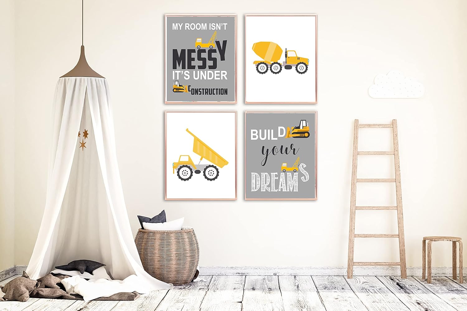 Grey Construction Truck Themed Art Print Room Wall Decoration