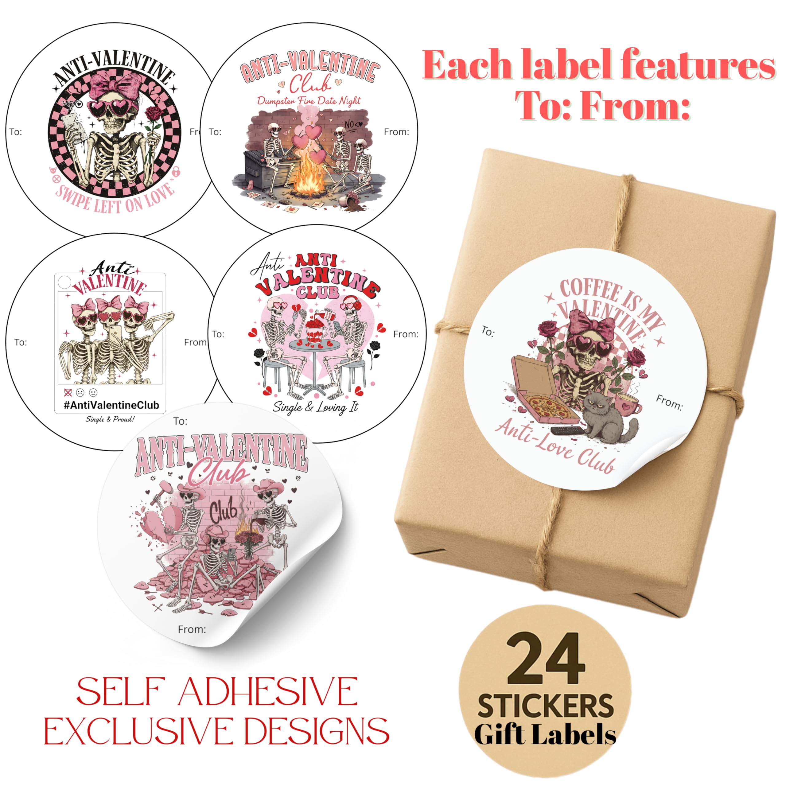Funny Anti-Love Skeleton Valentine Gift Tag Stickers - Set of 24 Labels