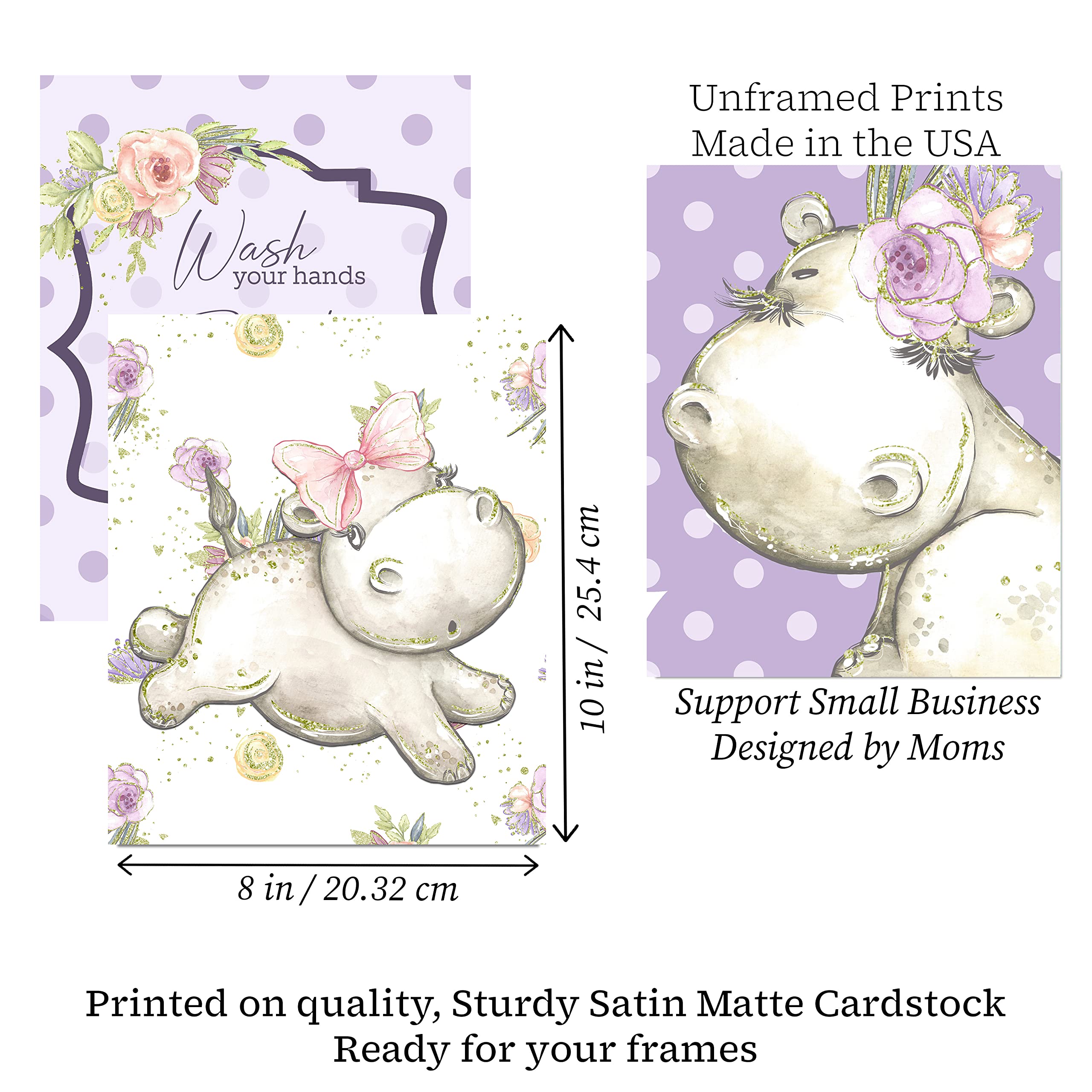 Hello Lovely Hippo Wall Art Prints - Set of 3, 8x10 Glitter Bathroom Decor