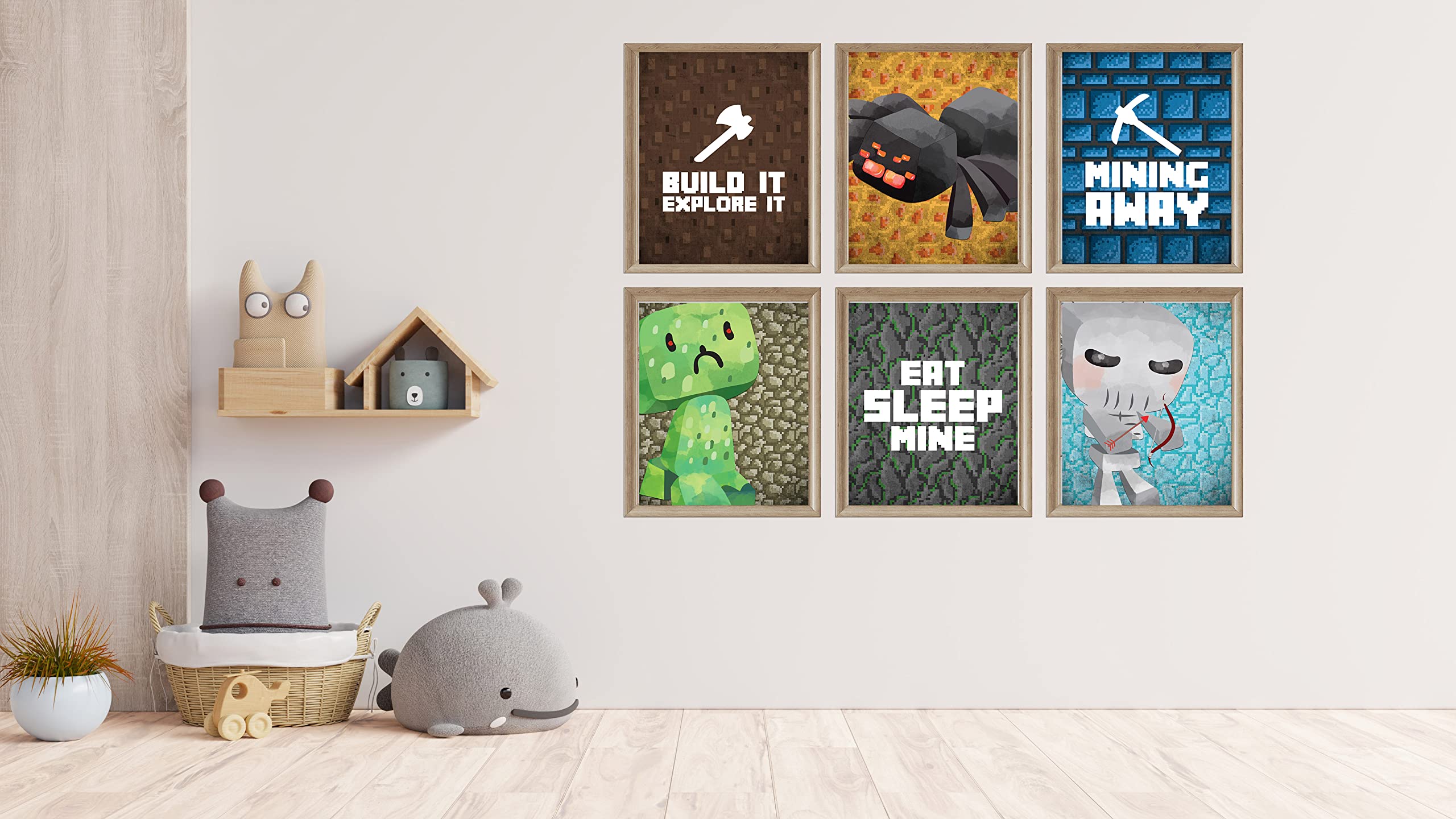 Eat Sleep Mine Pixel Block Gamer Wall Art Prints - Set of 6, 8x10 Kids Room