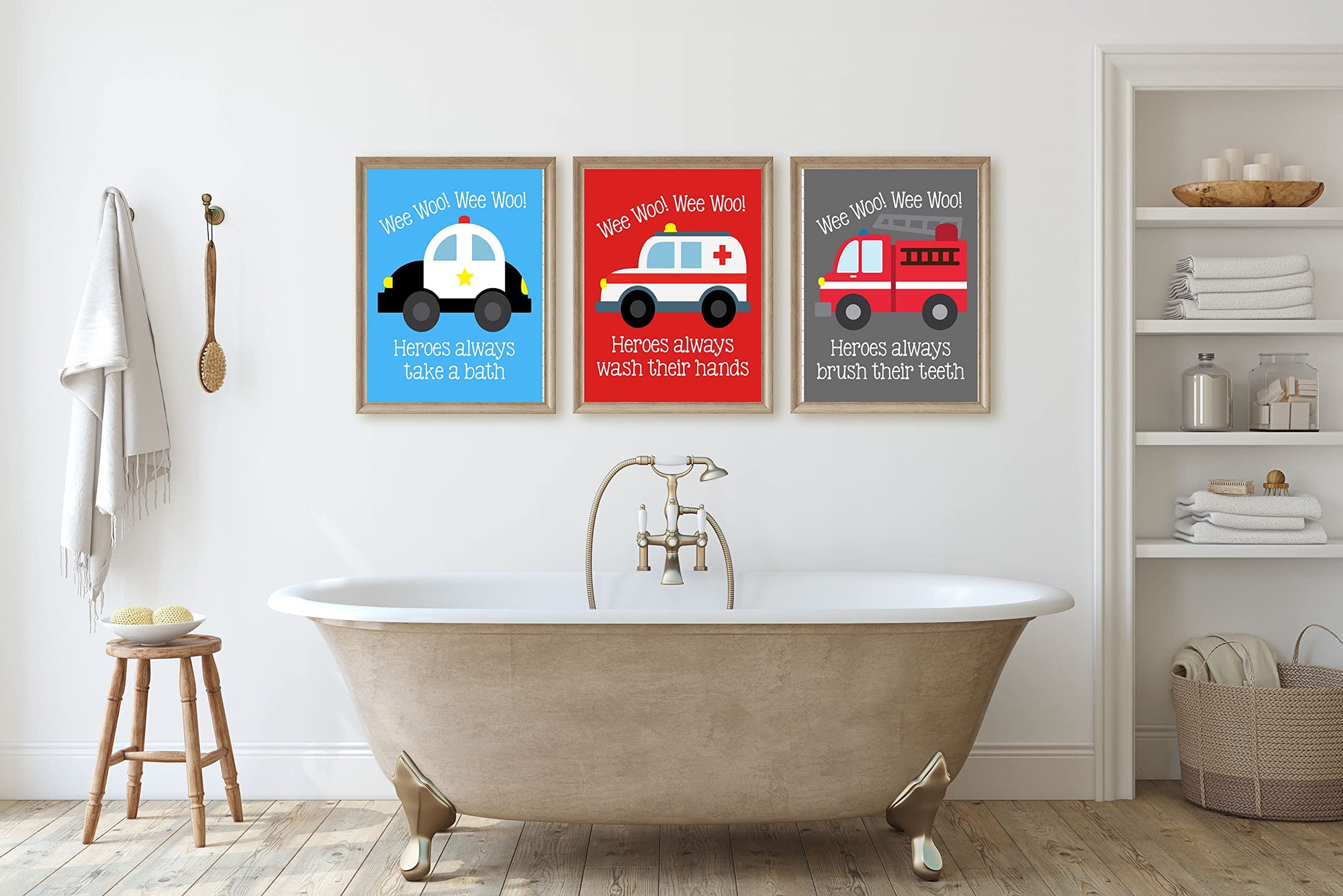 Emergency Vehicle Bathroom Wall Art Prints - Fire Truck Set of 3