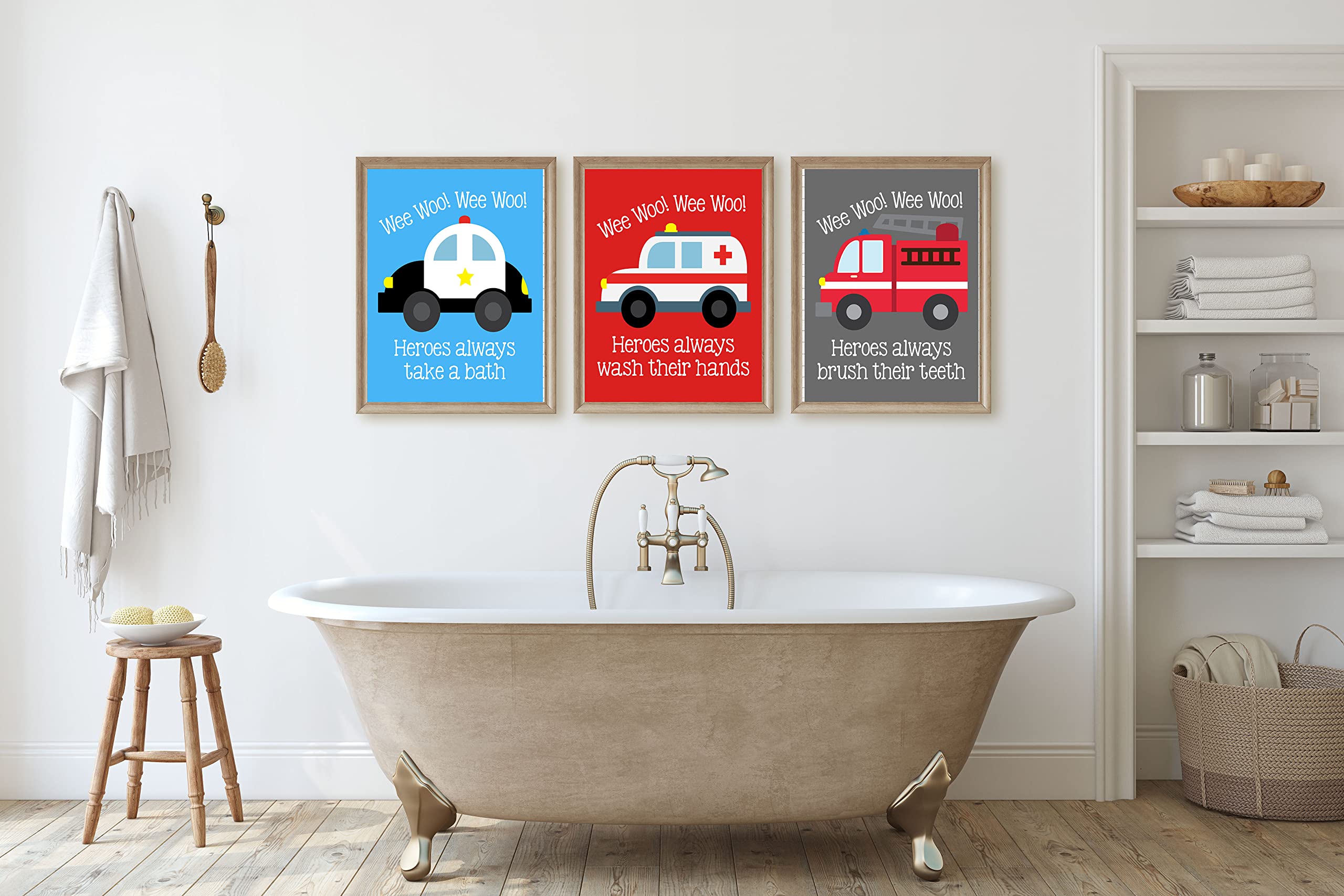 Emergency Vehicle Bathroom Wall Art Prints - Fire Truck Set of 3