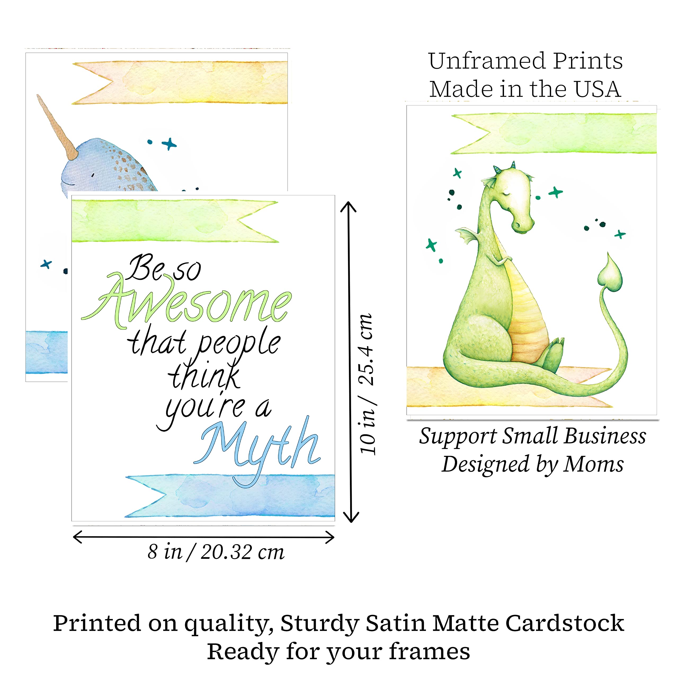 Be So Awesome People Think You're A Myth Narwhal & Mermaid Prints - Set of 3