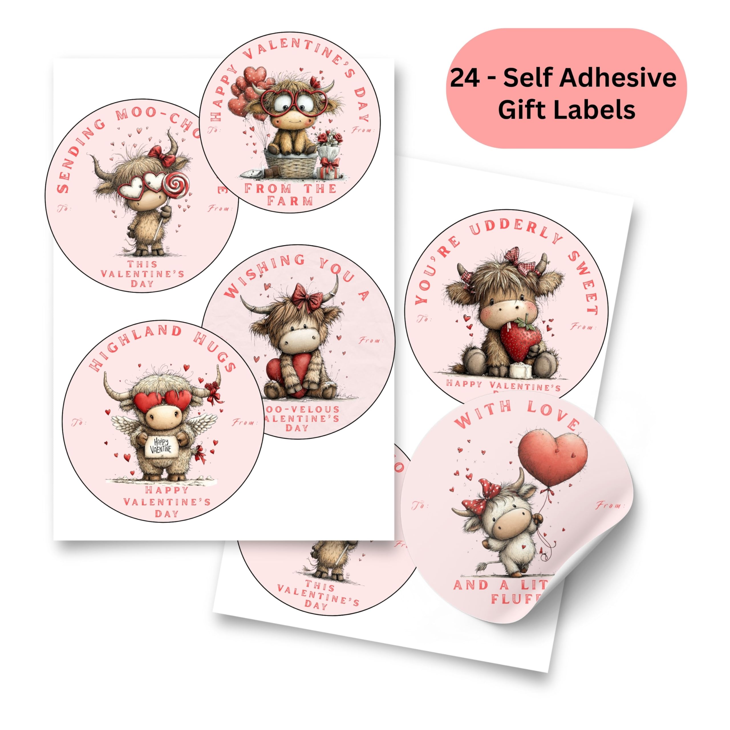 Highland Cow Hugs Valentine Gift Tag Stickers - Set of 24 Labels