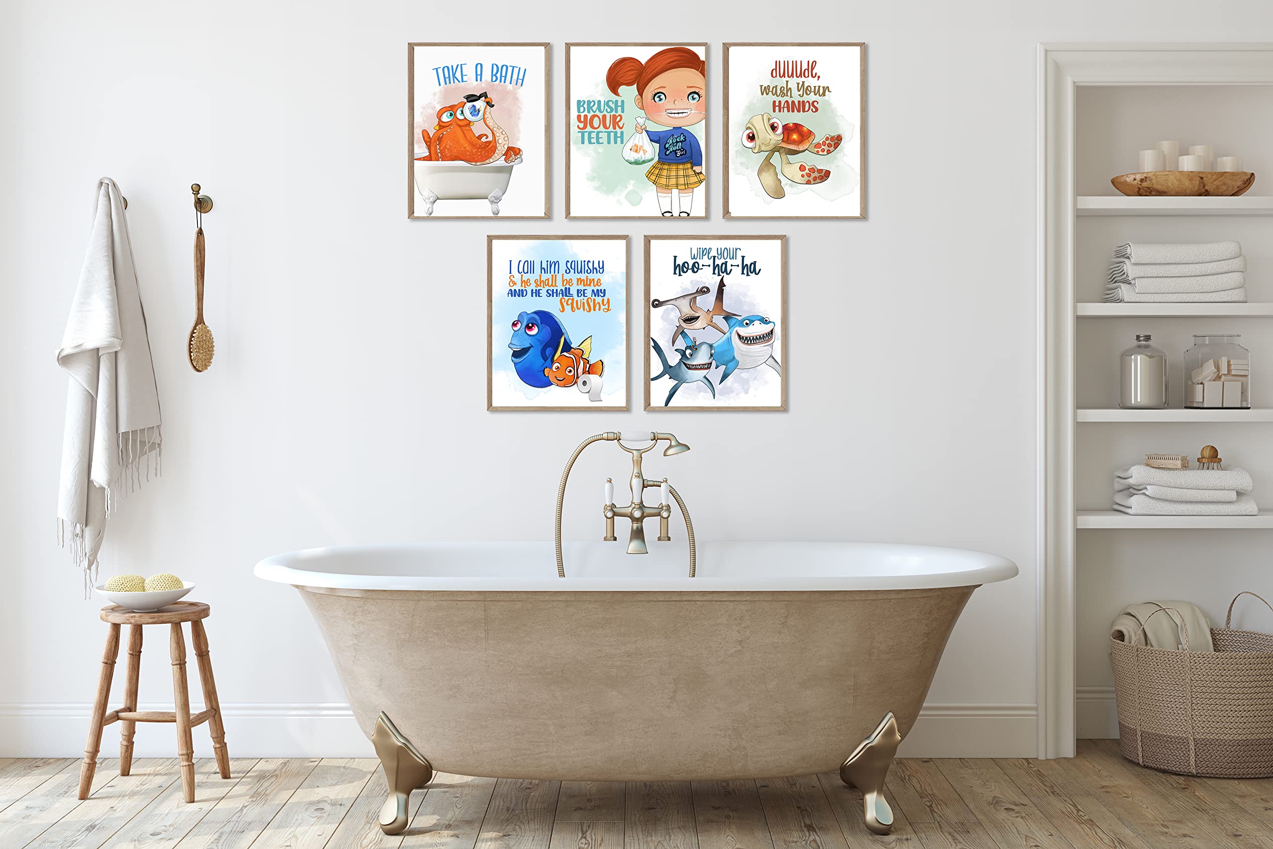Funny Fish Ocean Bathroom Wall Art Prints - Set of 5, 8x10 Under The Sea