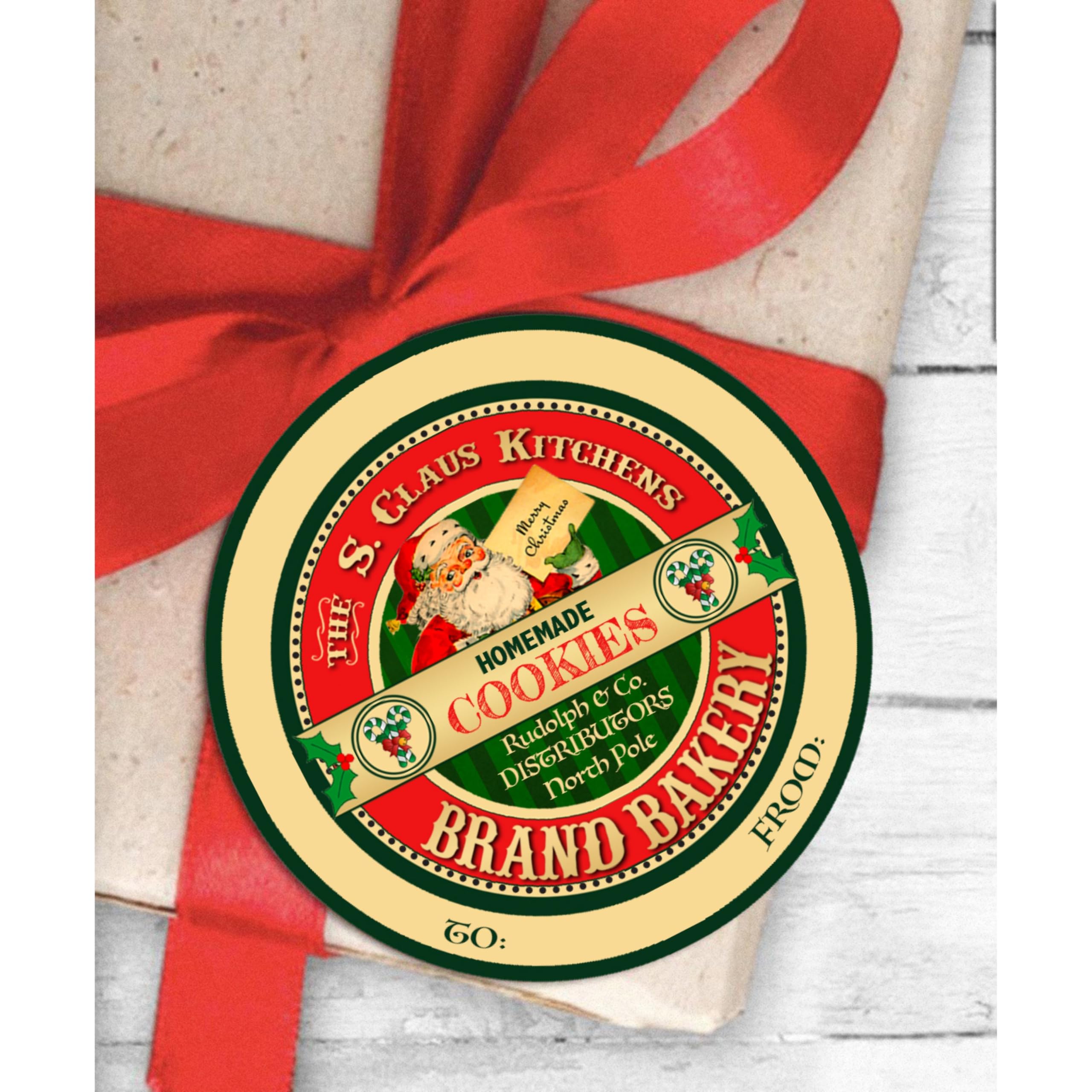 Vintage Santa Workshop Mrs Claus Catering Handmade by Elves Sweet Food Cookie and Candy Label Stickers