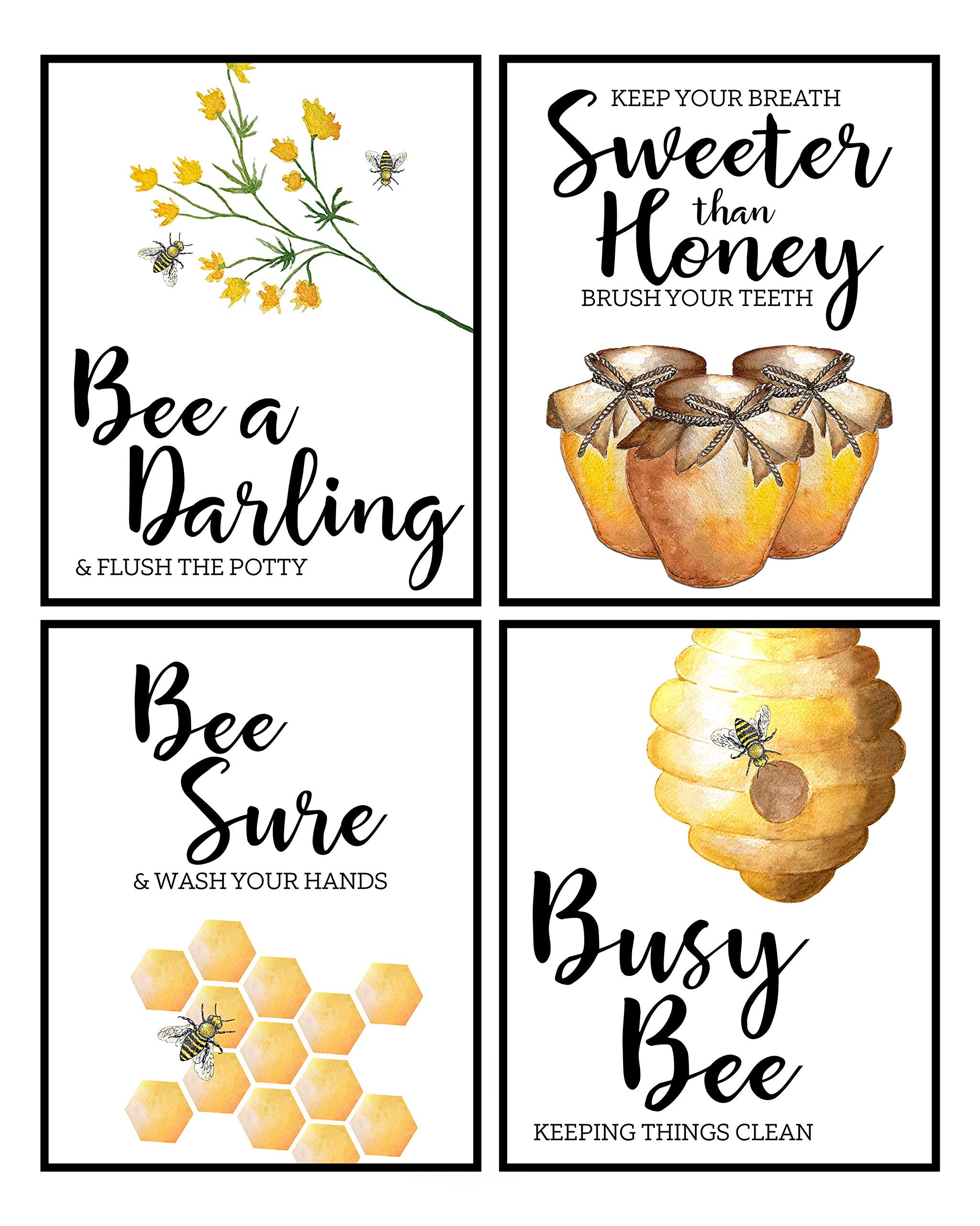 Home Is Where Your Honey Is - Art Print Watercolor Design Wall Room Home Bathroom Decor Set - Bee A Nice Human