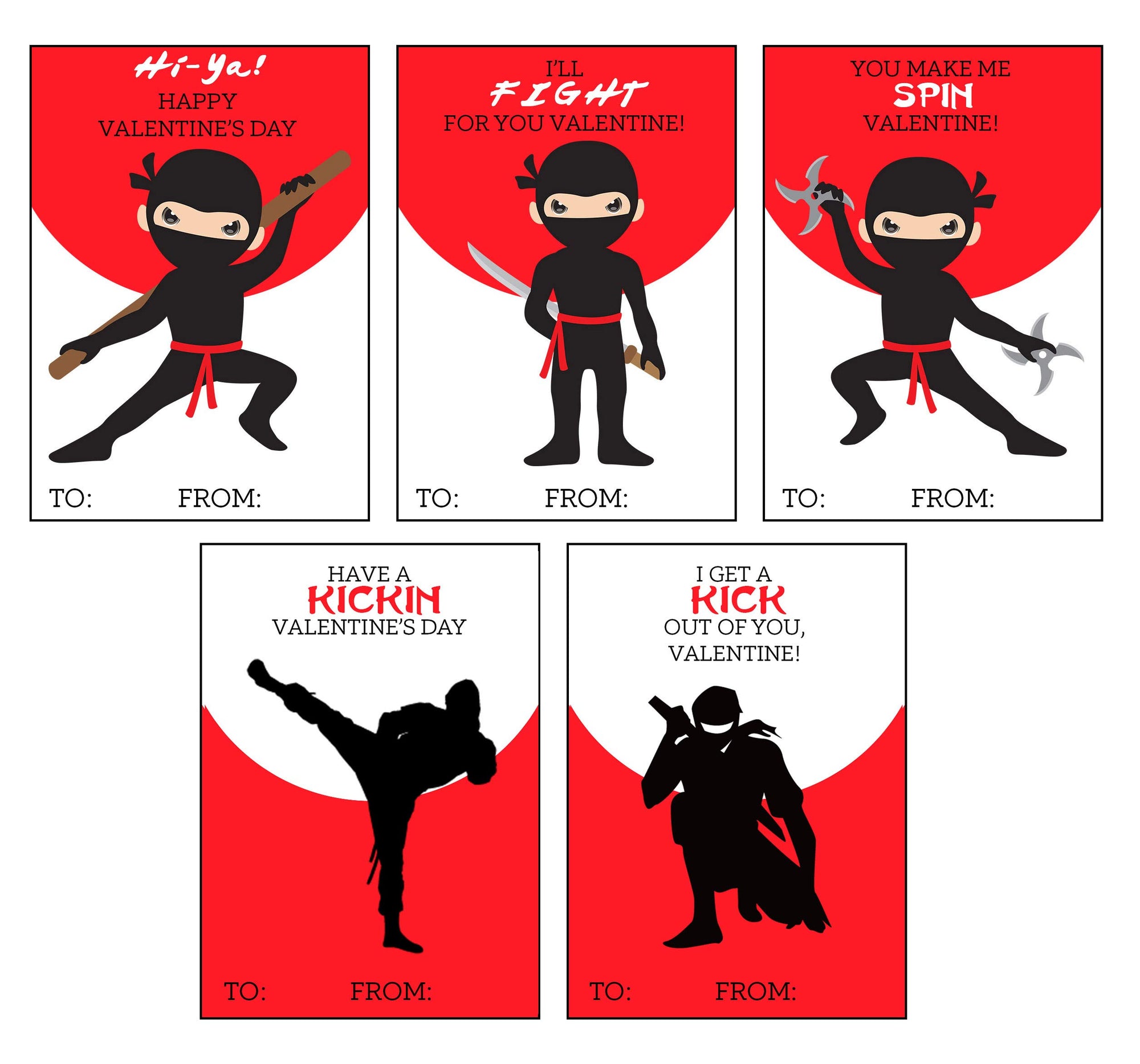 Ninja Themed Valentine's Day Card Set (Set of 25) Valentine Classroom School Sharing Exchange Kids Children