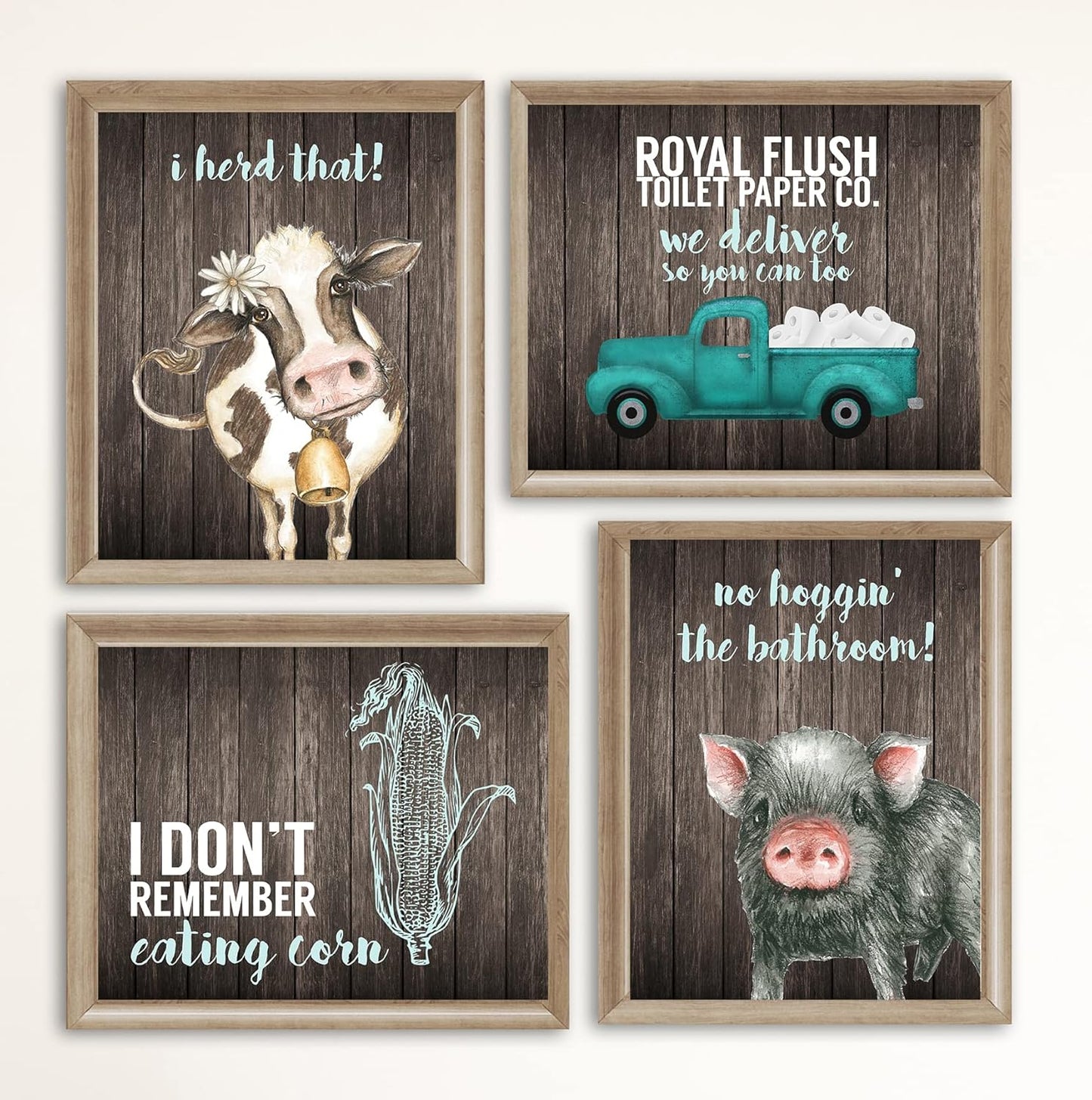 I Herd That! - Funny Farmhouse Bathroom Themed Decor Art Farm Rustic Wood Style Wall Prints Set Cow Pig Poster Signs Typography Cute Rules Toilet Paper Truck