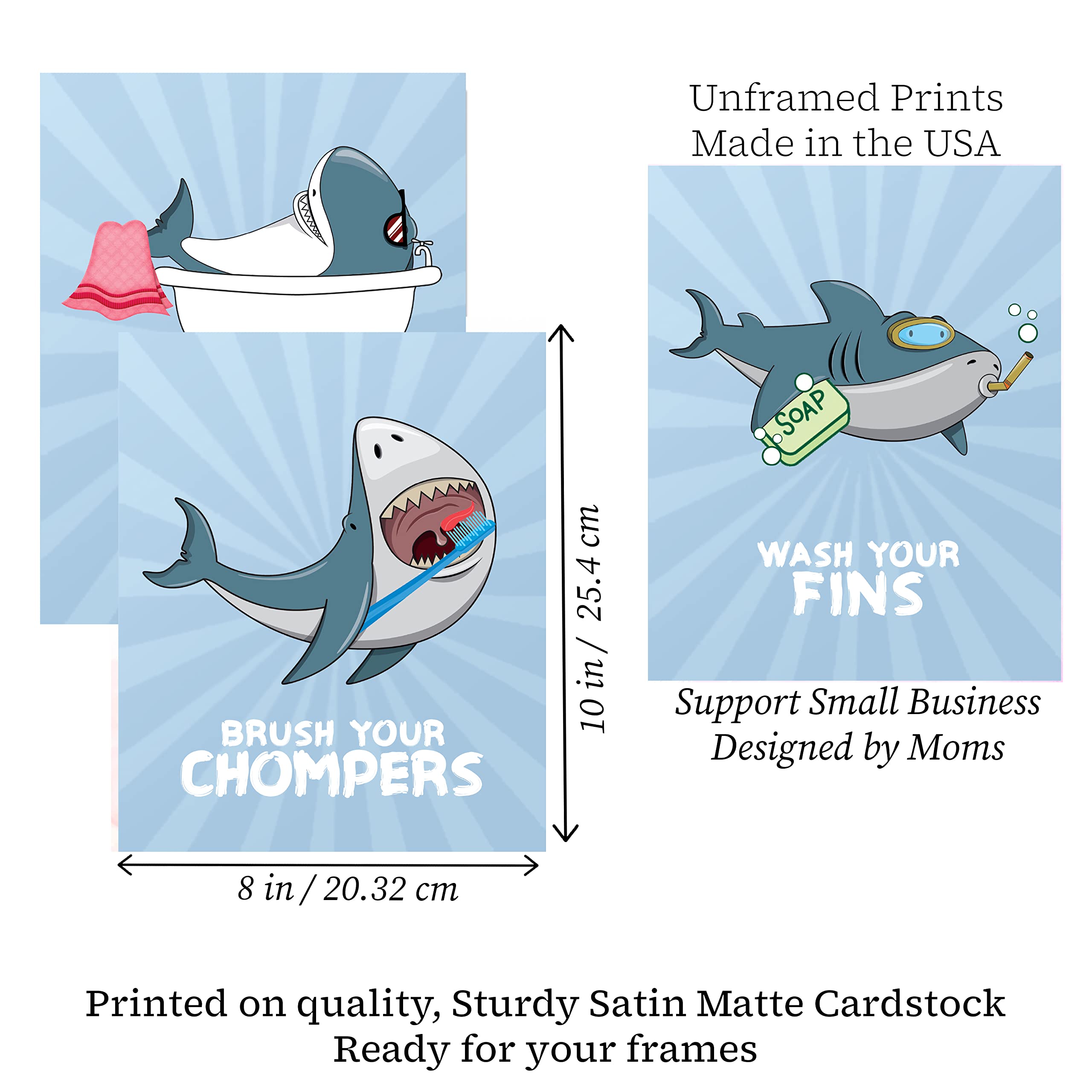 Fun Shark Kids Bathroom Wall Art Prints - Set of 3